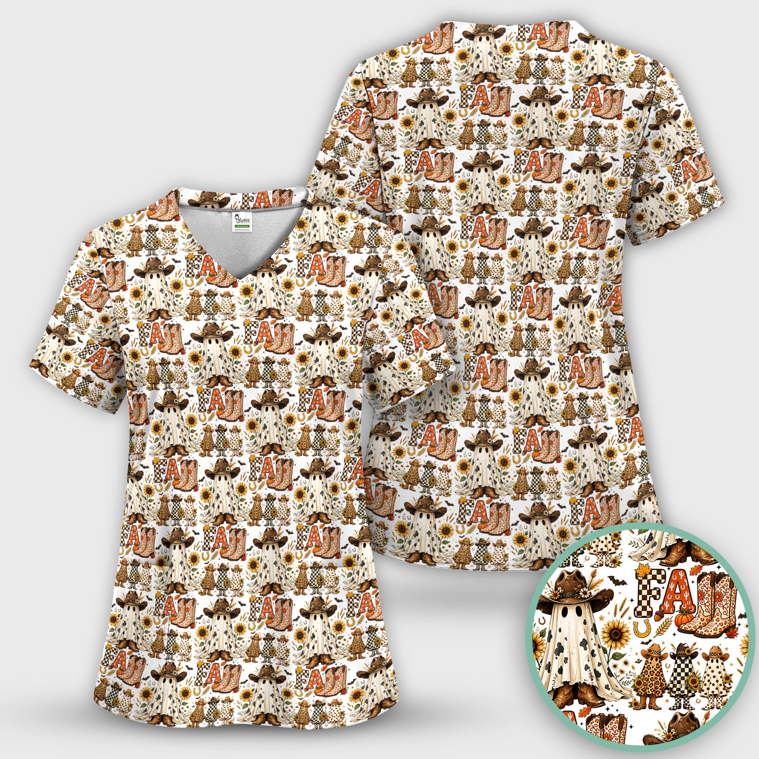 Cowboy Boots Halloween Ghost Print Scrub Top, Comfortable Scrubs for Nurses