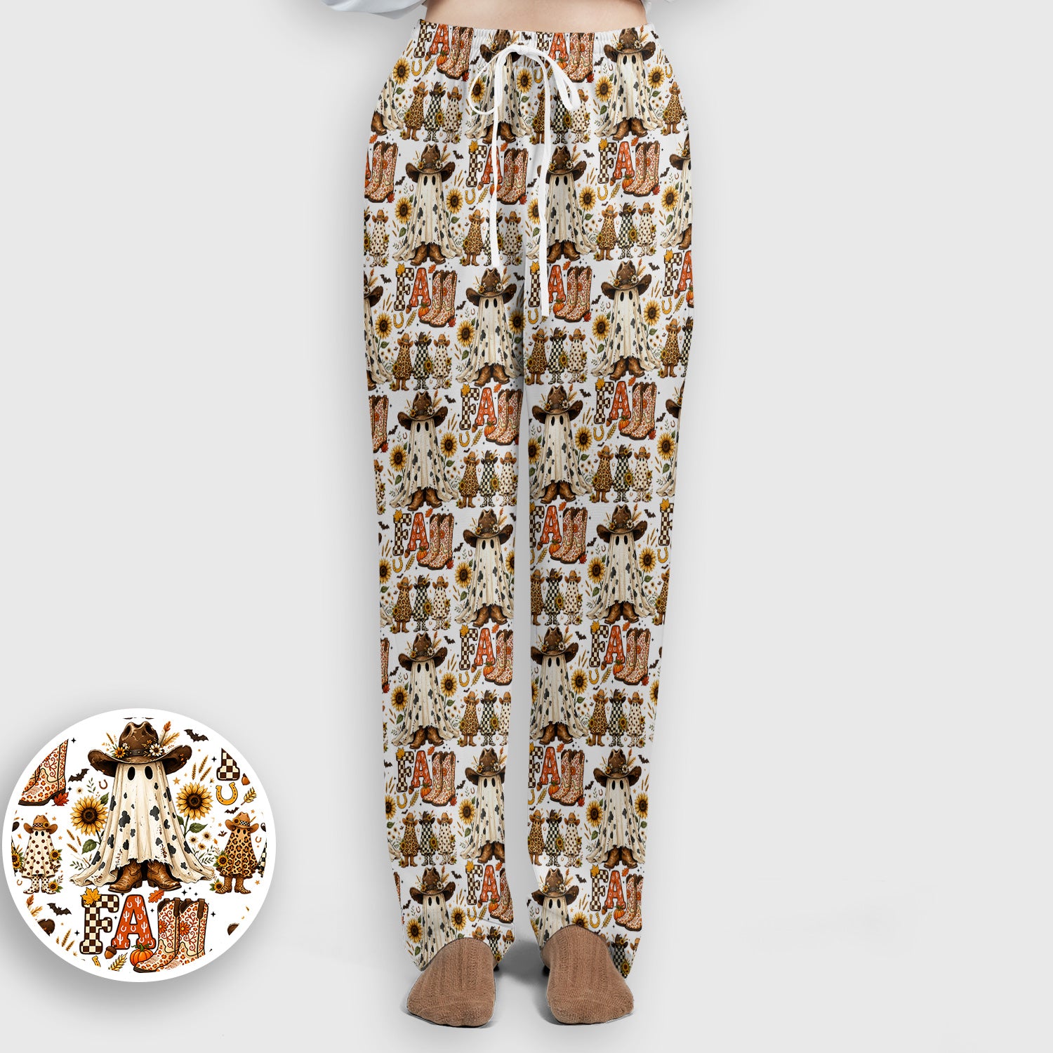 Cowboy Boots Halloween Ghost Print Scrub Set, Scrub Pants and V Neck Top