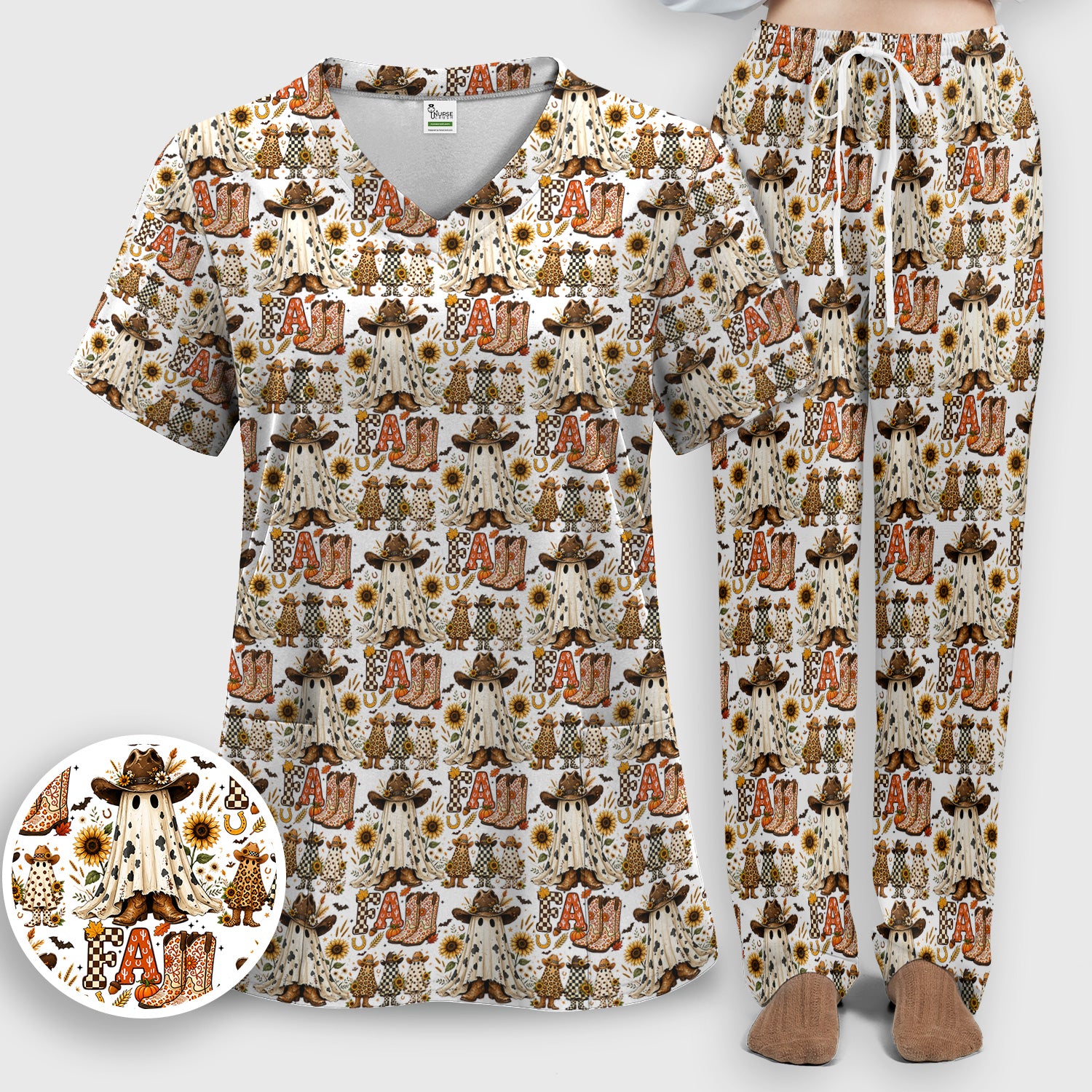 Cowboy Boots Halloween Ghost Print Scrub Set, Scrub Pants and V Neck Top