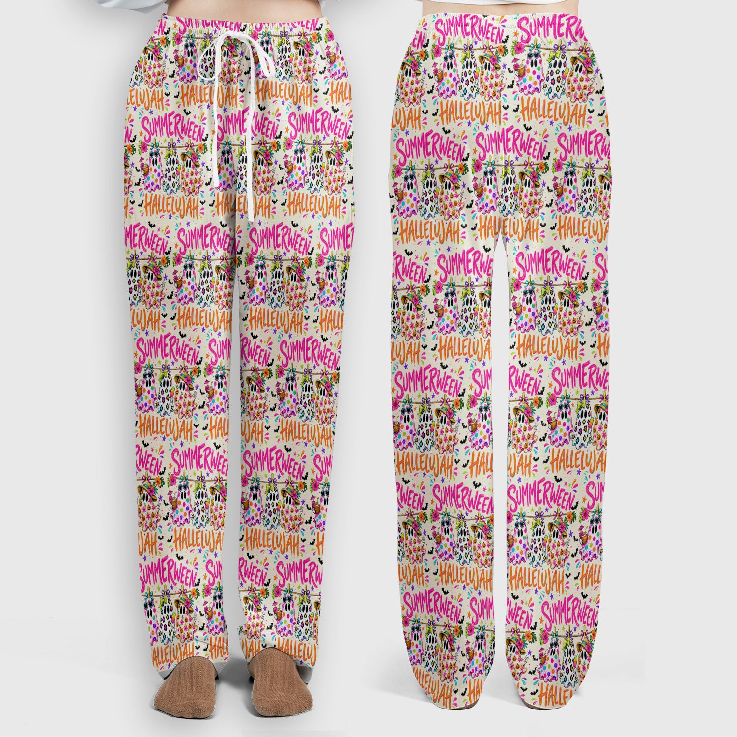 Summer Halloween Ghost Pattern Scrub Set, Scrub Pants and V Neck Top