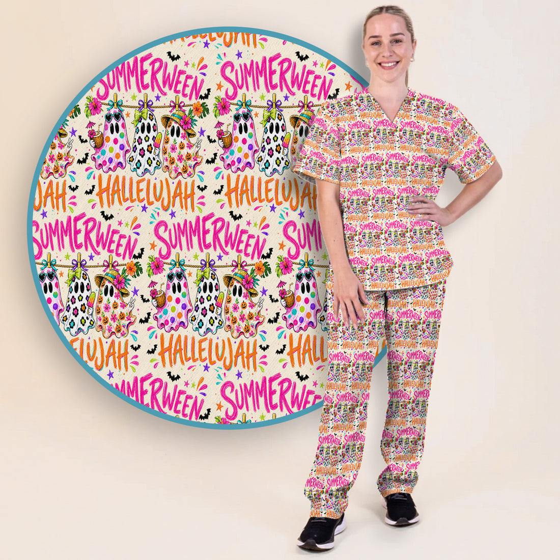 Summer Halloween Ghost Pattern Scrub Set, Scrub Pants and V Neck Top