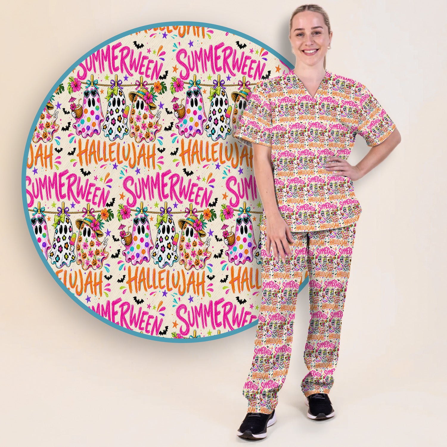 Summer Halloween Ghost Pattern Scrub Set, Scrub Pants and V Neck Top