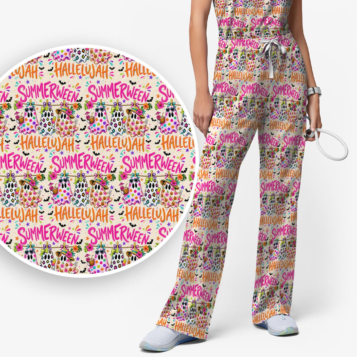 Summer Halloween Ghost Pattern Scrub Set, Scrub Pants and V Neck Top