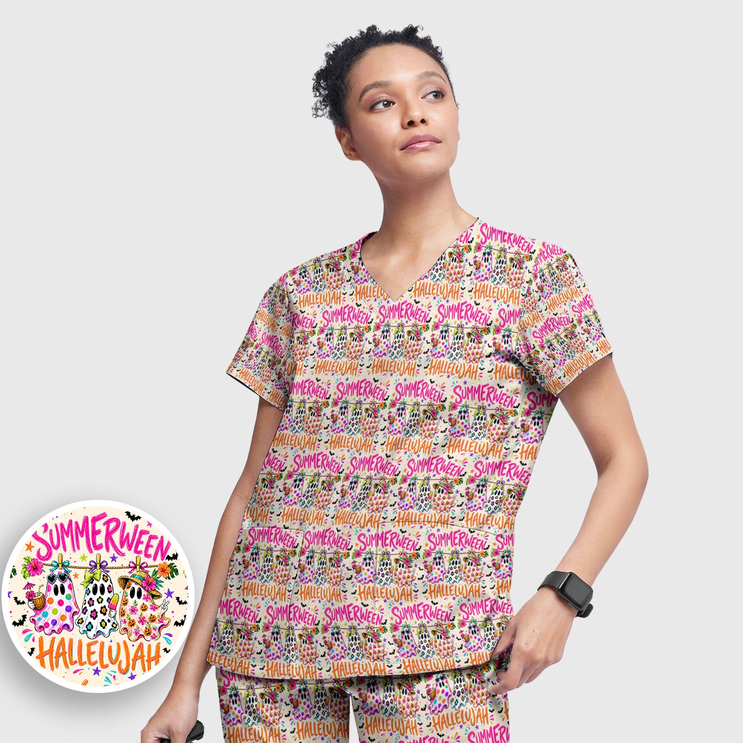 Summer Halloween Ghost Pattern Scrub Set, Scrub Pants and V Neck Top