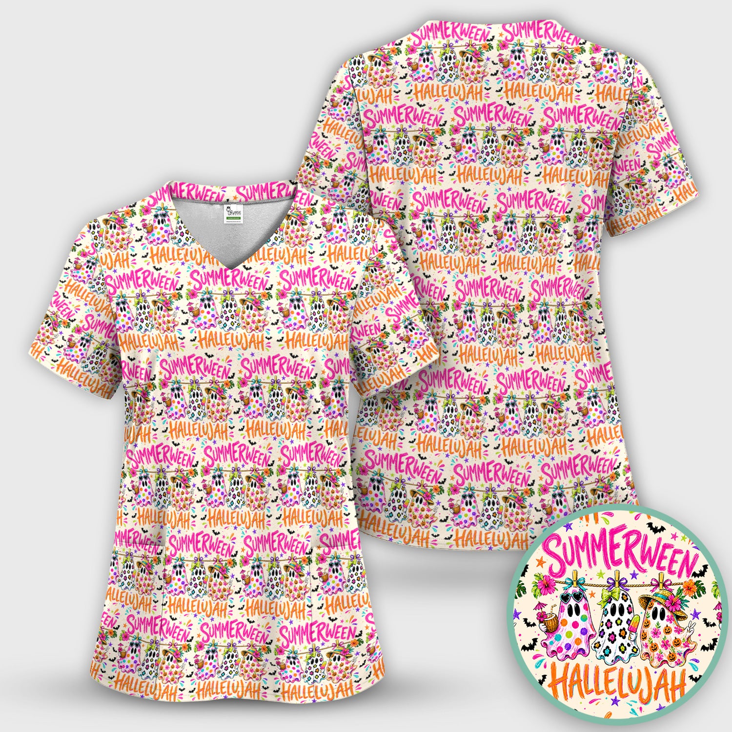 Summer Halloween Ghost Pattern Scrub Set, Scrub Pants and V Neck Top