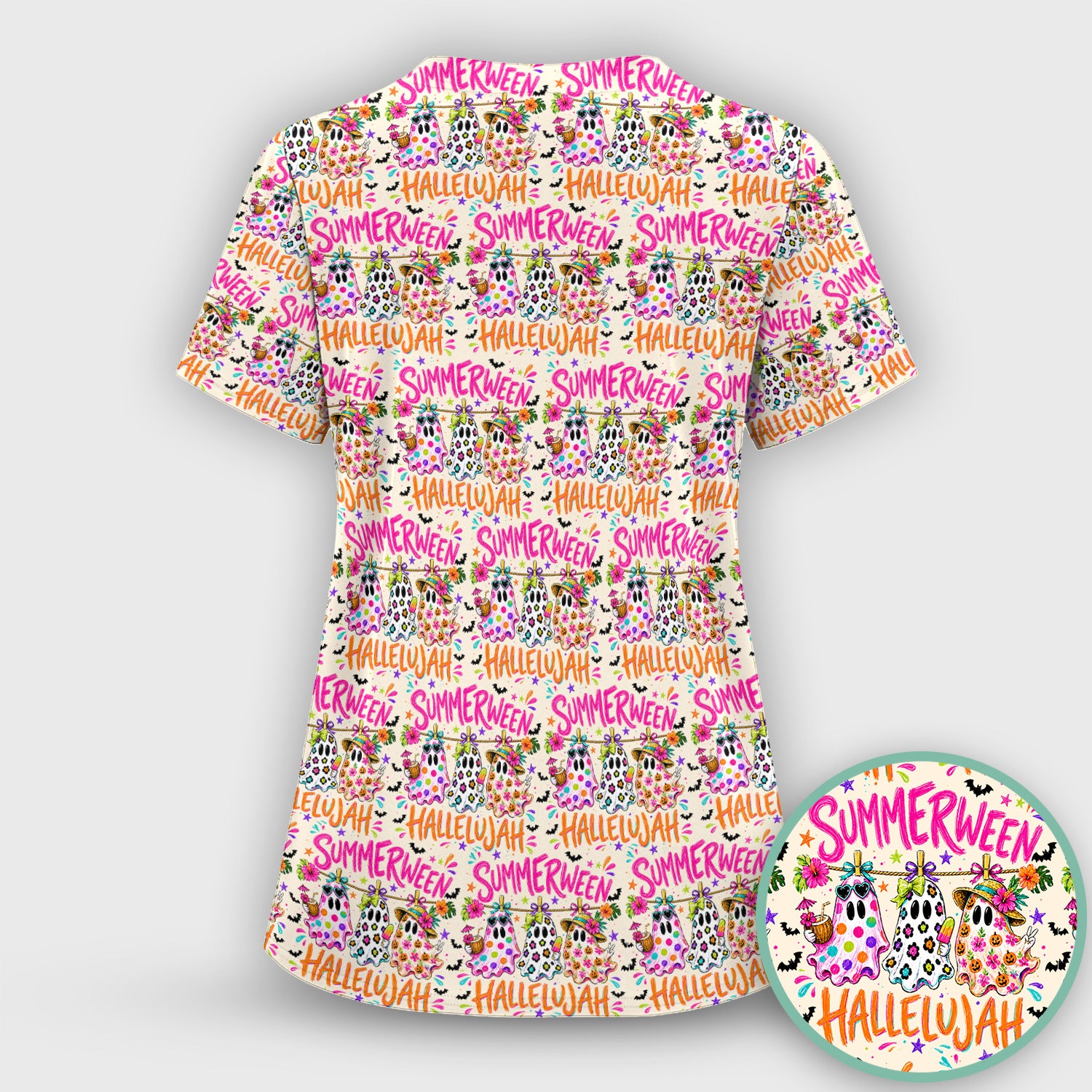 Summer Halloween Ghost Pattern Scrub Set, Scrub Pants and V Neck Top