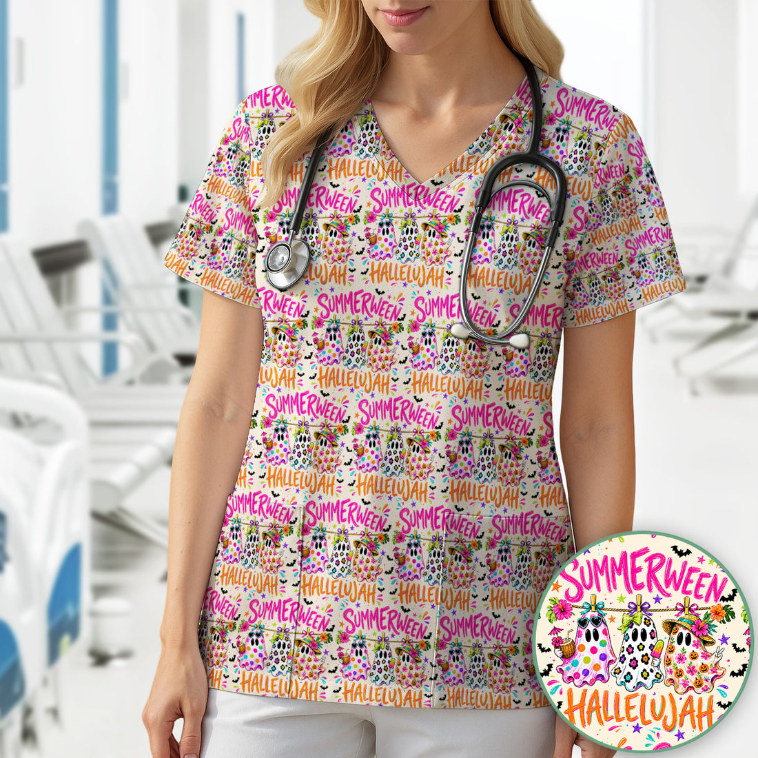 Summer Halloween Ghost Pattern Scrub Top, Comfortable Scrubs for Nurses