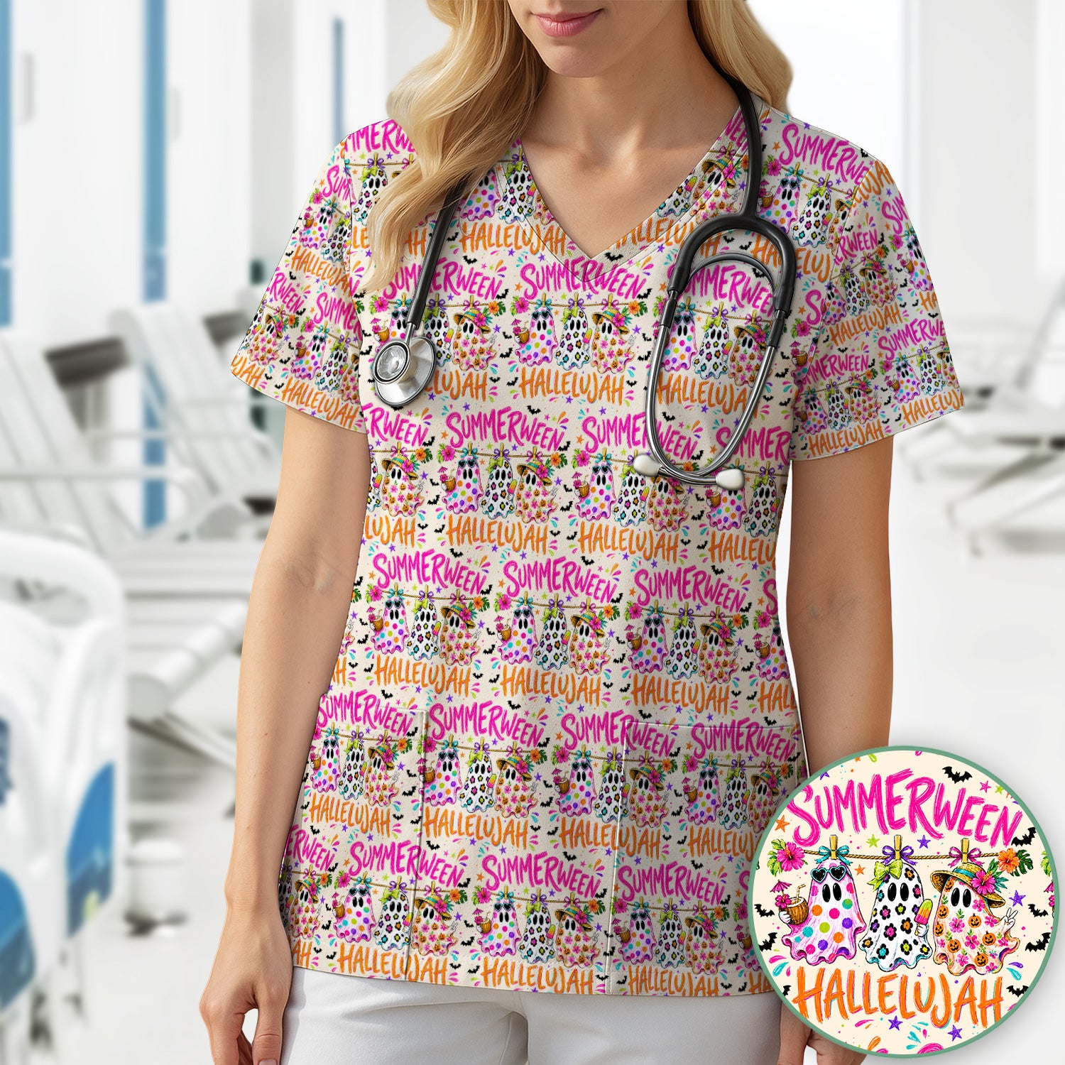 Summer Halloween Ghost Pattern Scrub Top, Comfortable Scrubs for Nurses