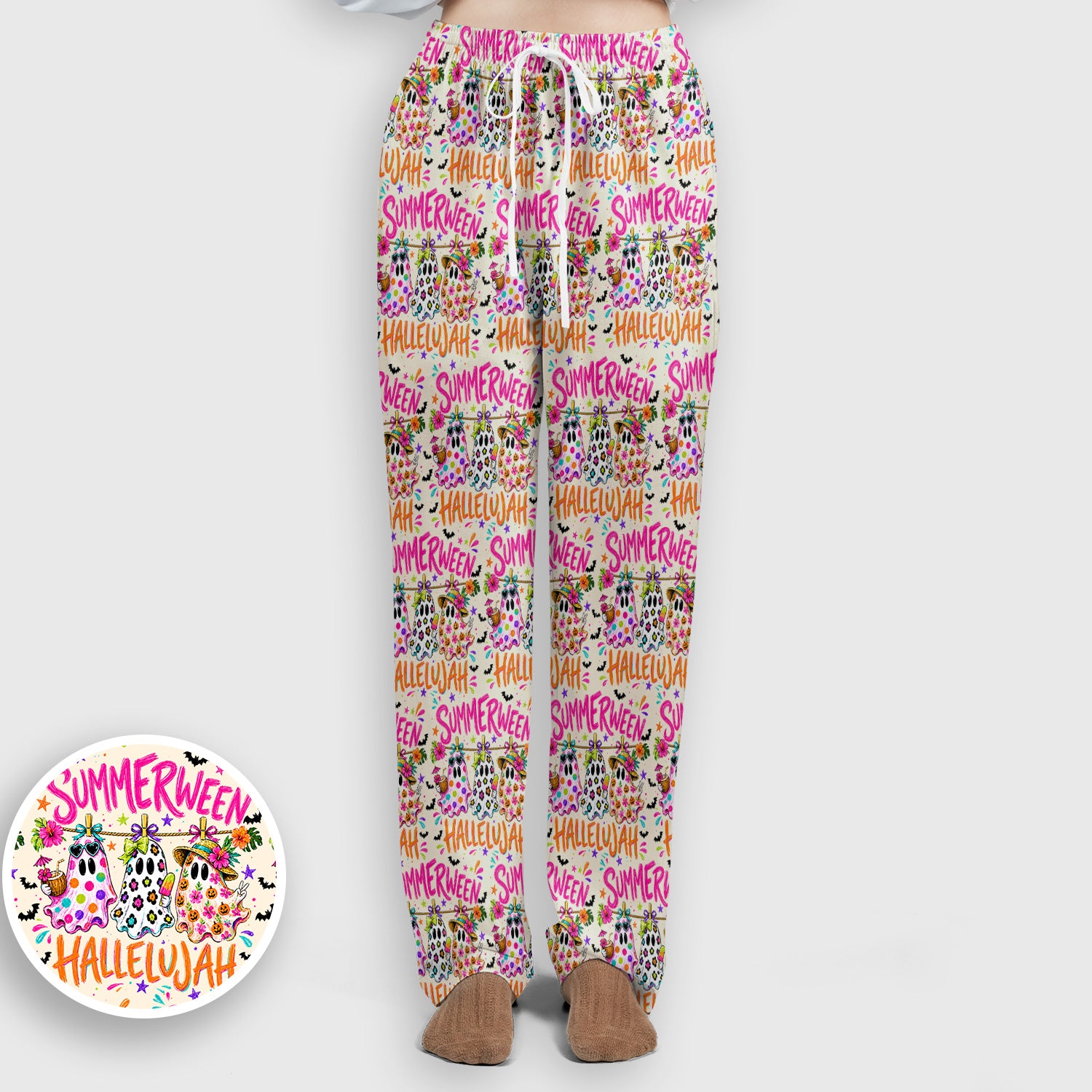 Summer Halloween Ghost Pattern Scrub Set, Scrub Pants and V Neck Top