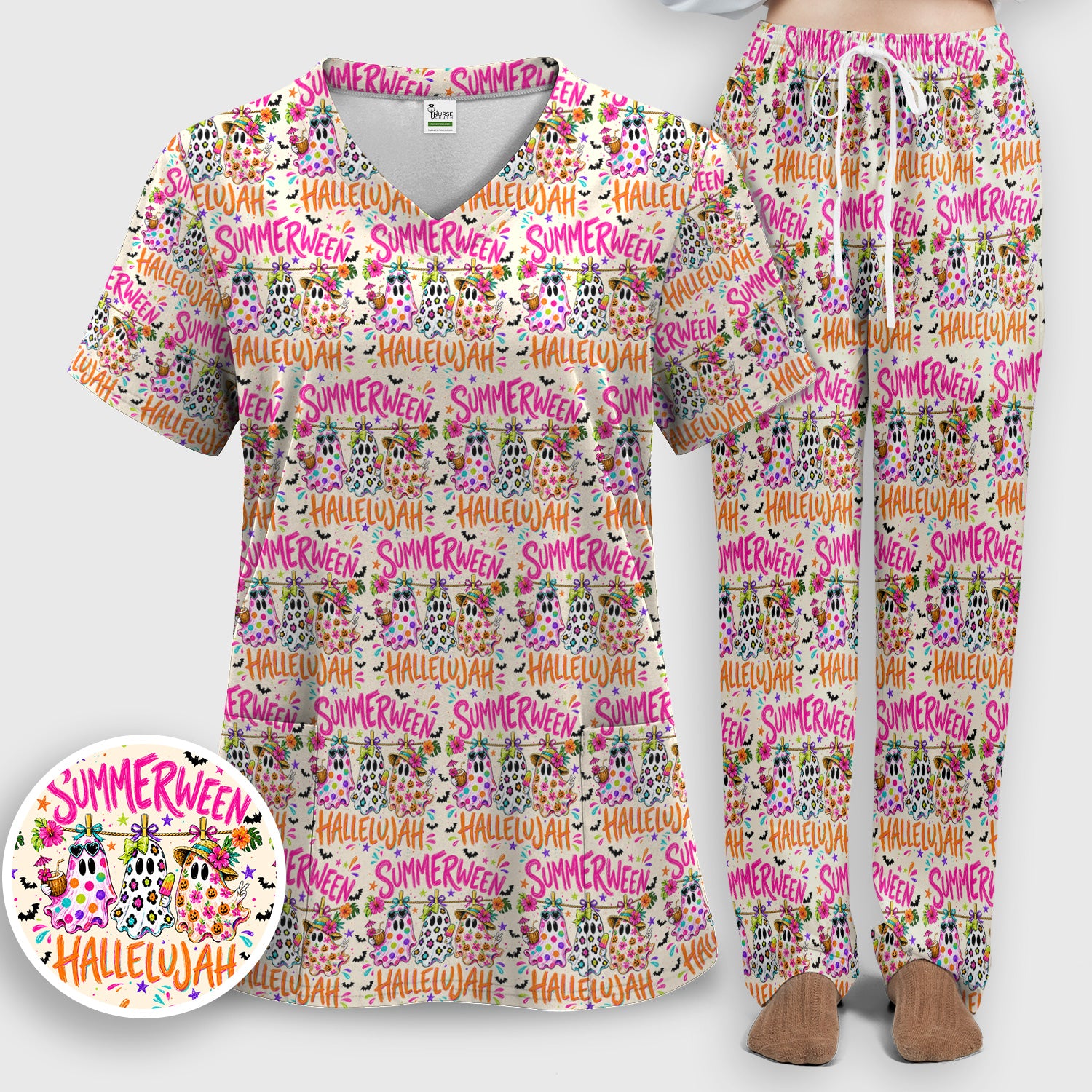 Summer Halloween Ghost Pattern Scrub Set, Scrub Pants and V Neck Top