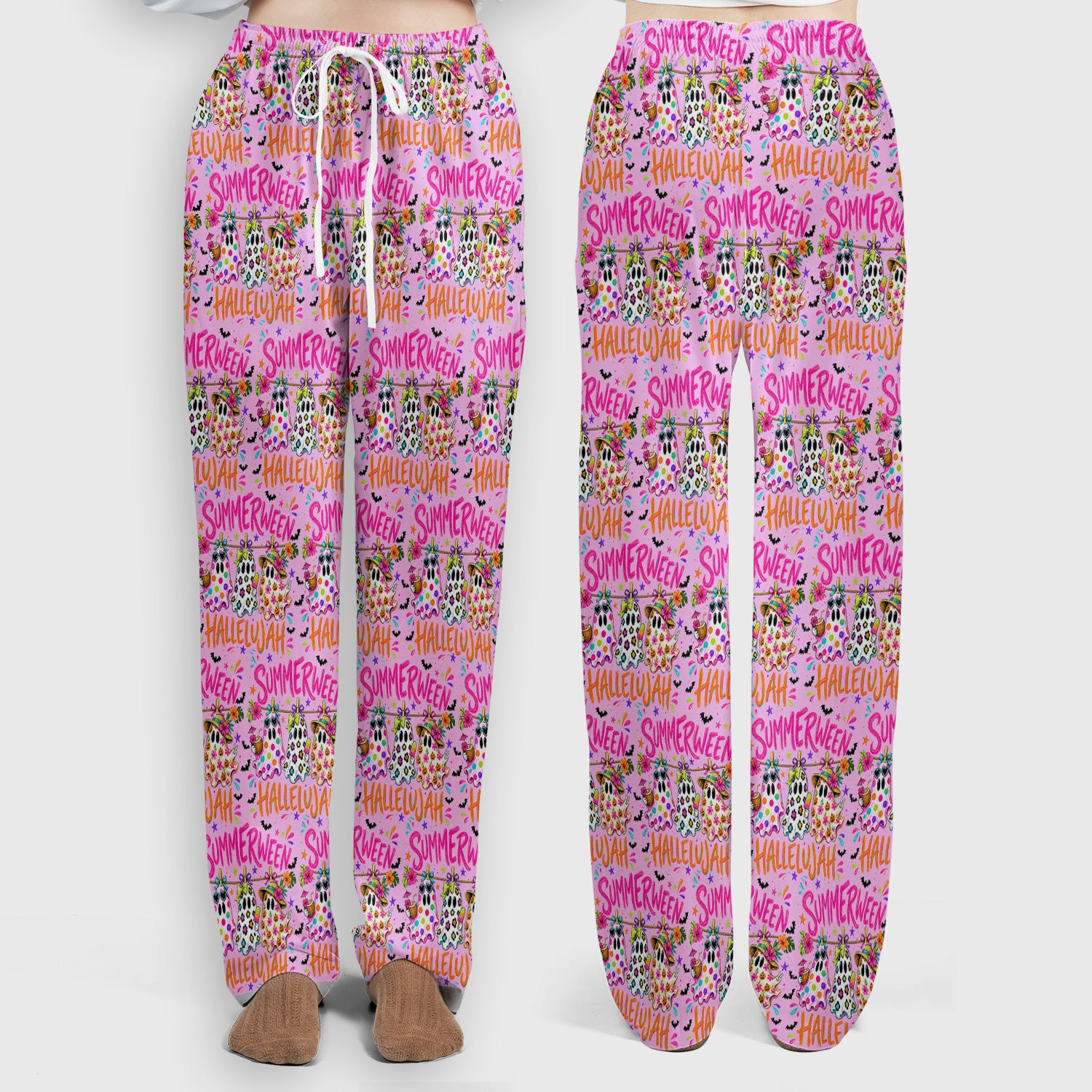 Summer Halloween Ghost Pattern Scrub Set, Scrub Pants and V Neck Top