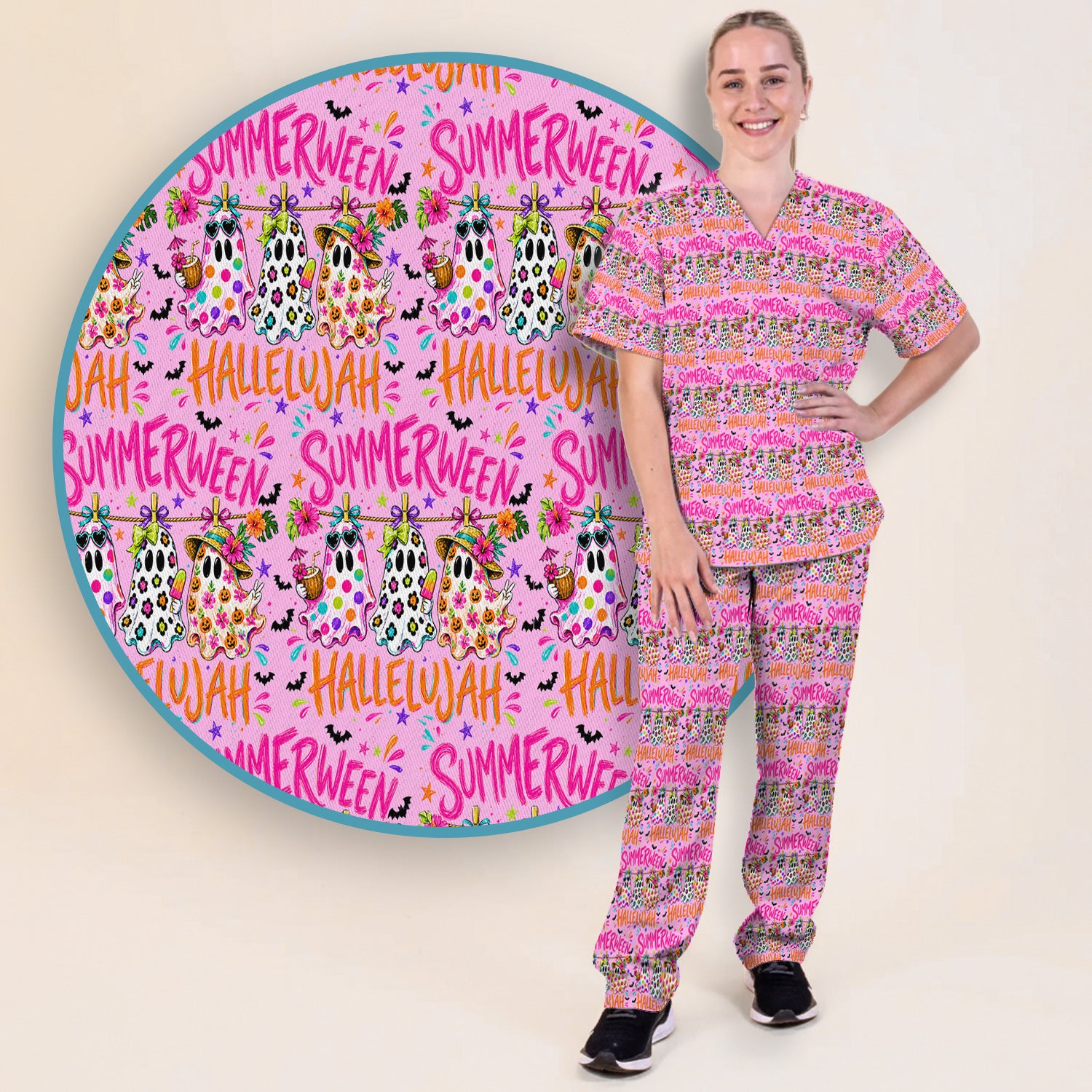 Summer Halloween Ghost Pattern Scrub Set, Scrub Pants and V Neck Top
