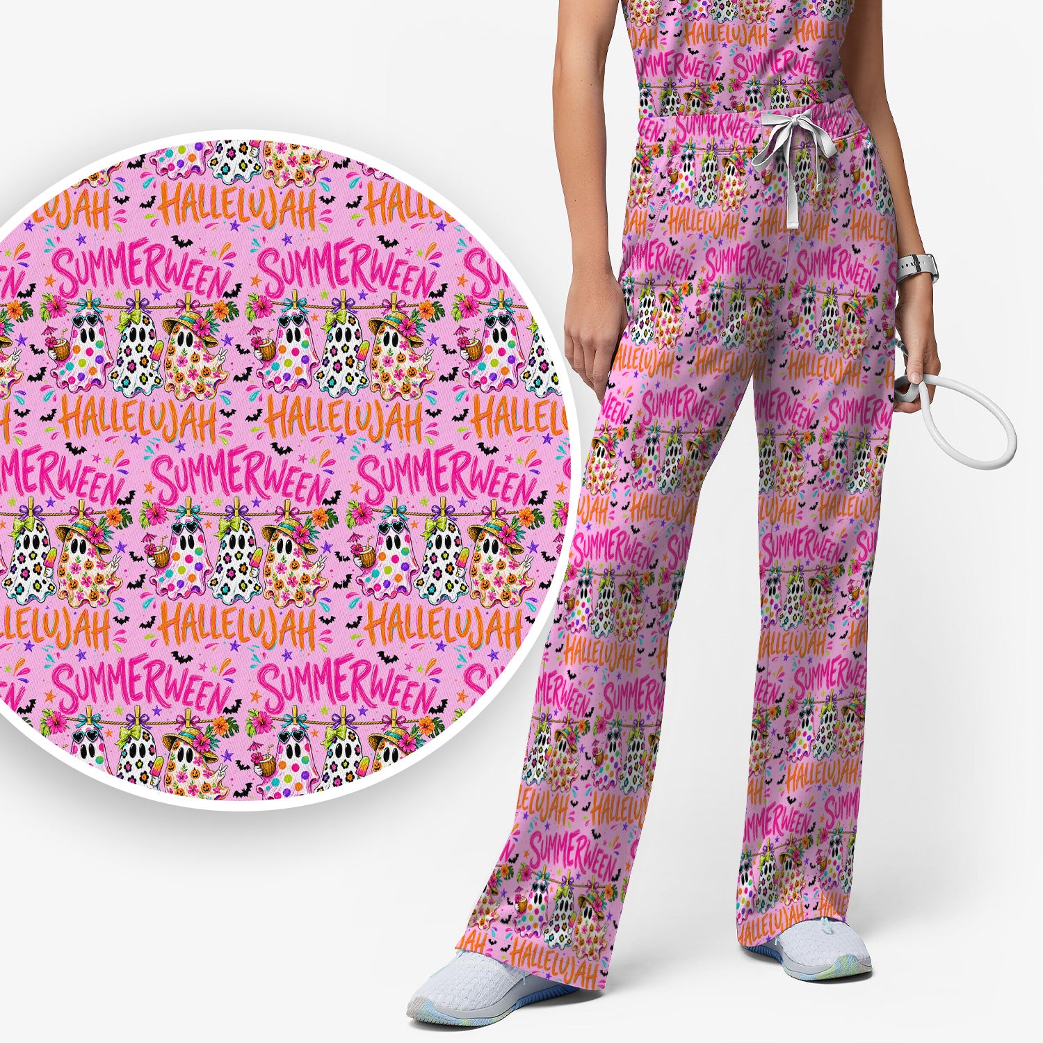 Summer Halloween Ghost Pattern Scrub Set, Scrub Pants and V Neck Top