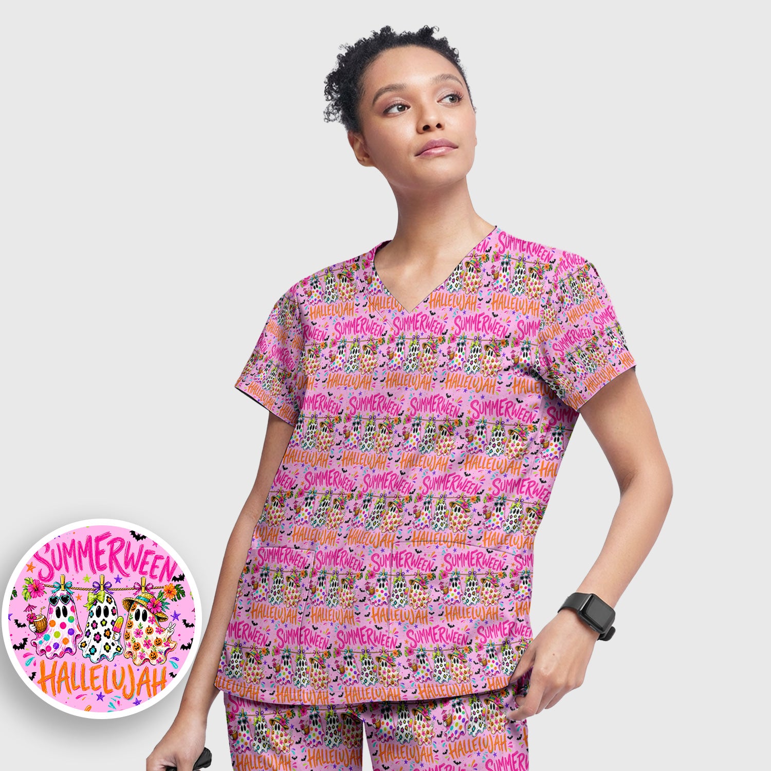 Summer Halloween Ghost Pattern Scrub Set, Scrub Pants and V Neck Top