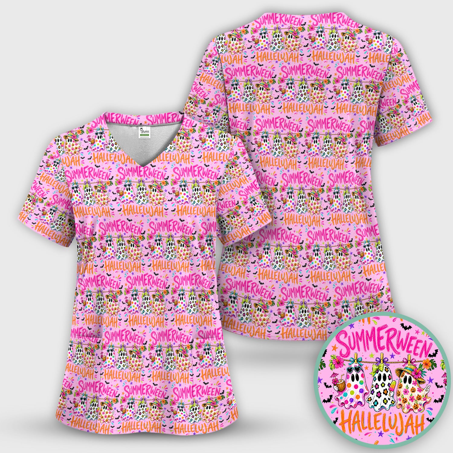 Summer Halloween Ghost Pattern Scrub Set, Scrub Pants and V Neck Top