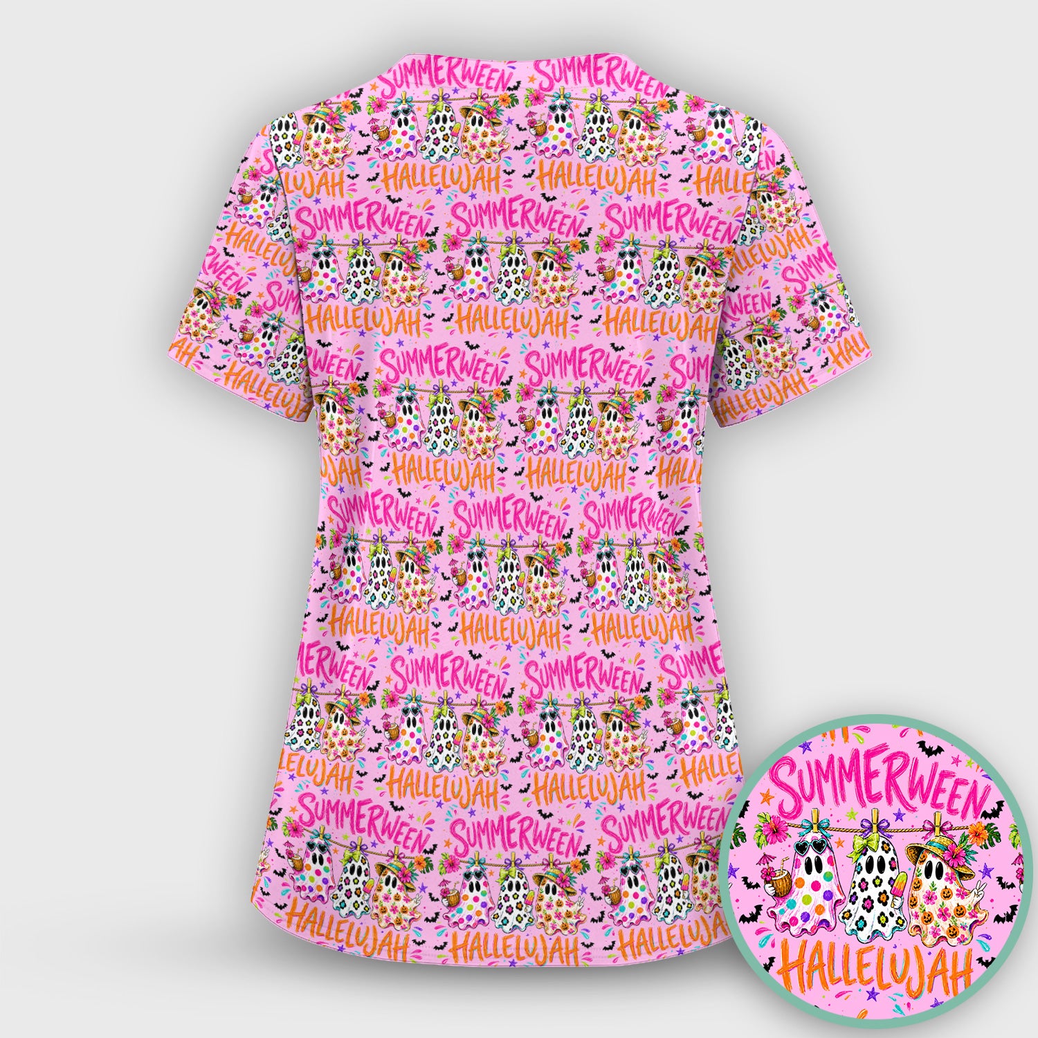 Summer Halloween Ghost Pattern Scrub Set, Scrub Pants and V Neck Top
