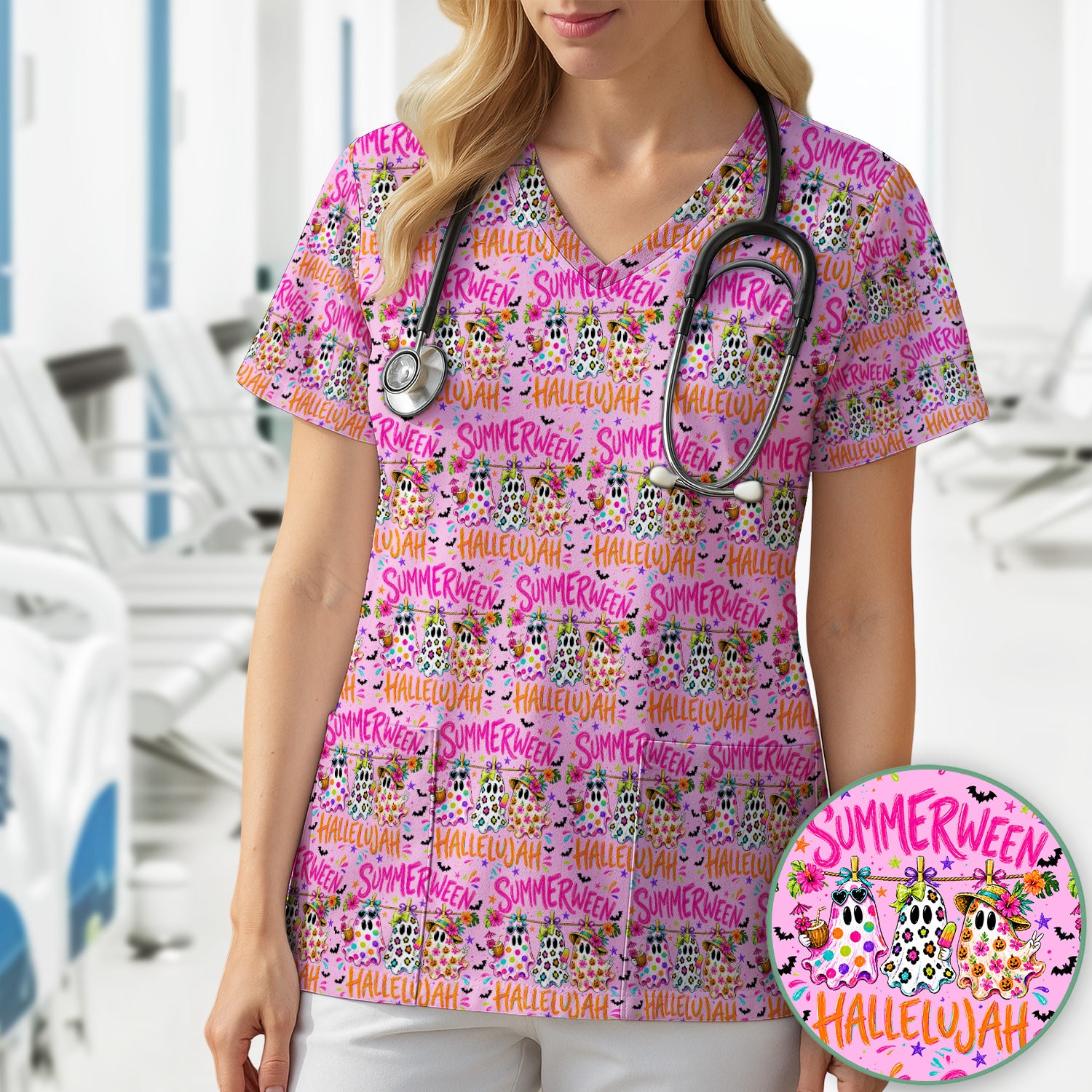 Summer Halloween Ghost Pattern Scrub Top, Comfortable Scrubs for Nurses