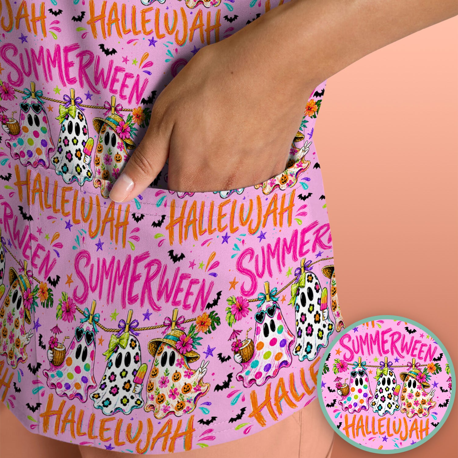 Summer Halloween Ghost Pattern Scrub Top, Comfortable Scrubs for Nurses