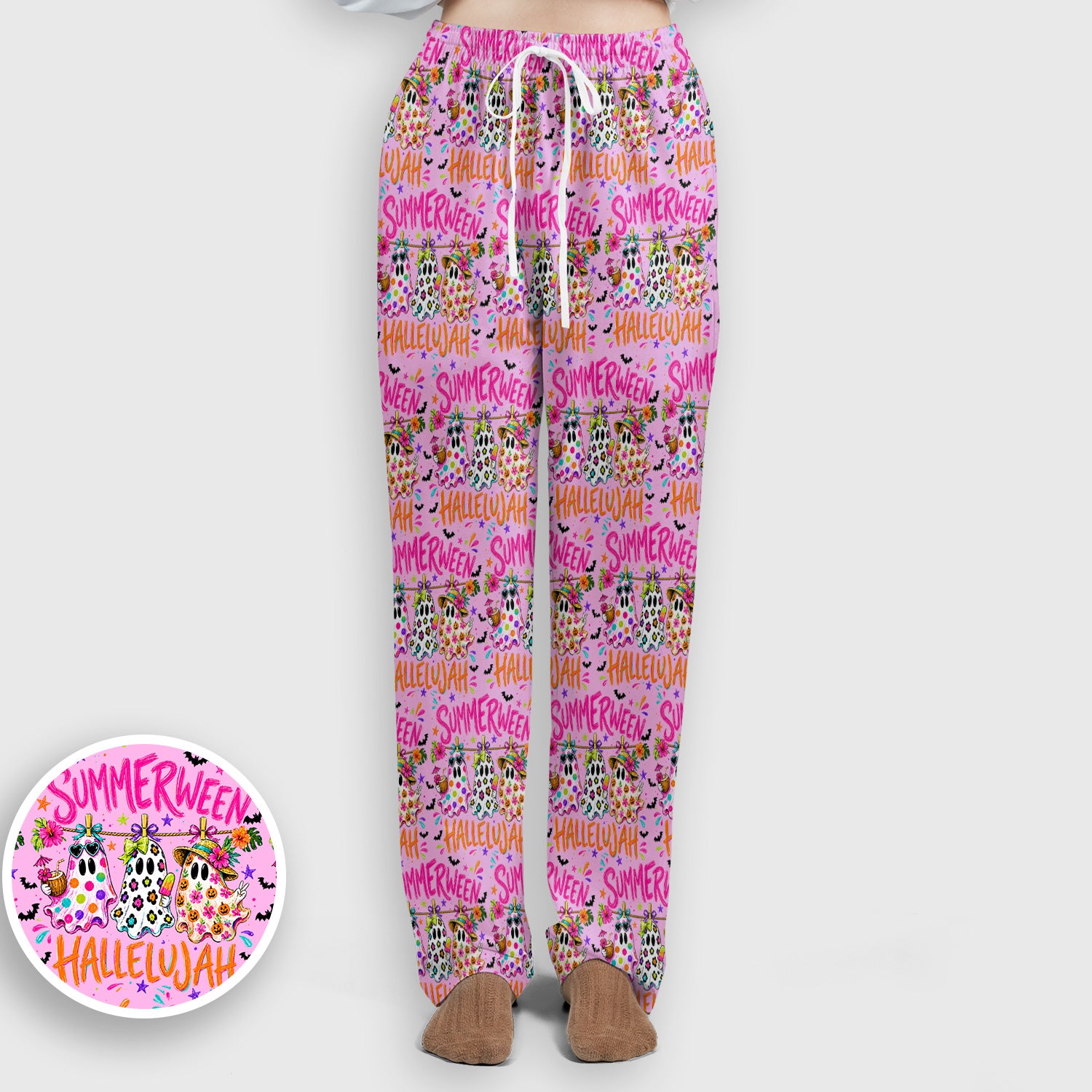 Summer Halloween Ghost Pattern Scrub Set, Scrub Pants and V Neck Top