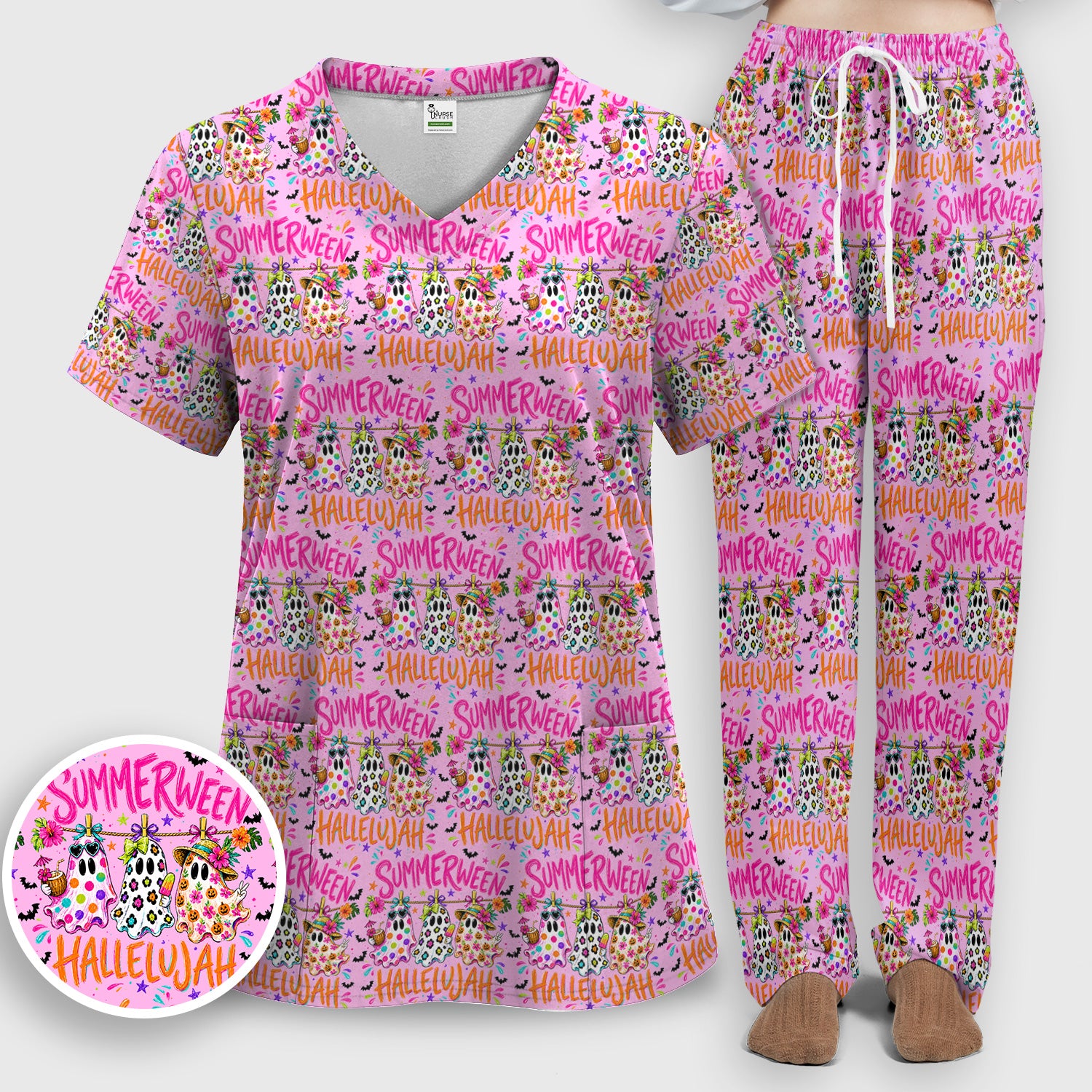 Summer Halloween Ghost Pattern Scrub Set, Scrub Pants and V Neck Top