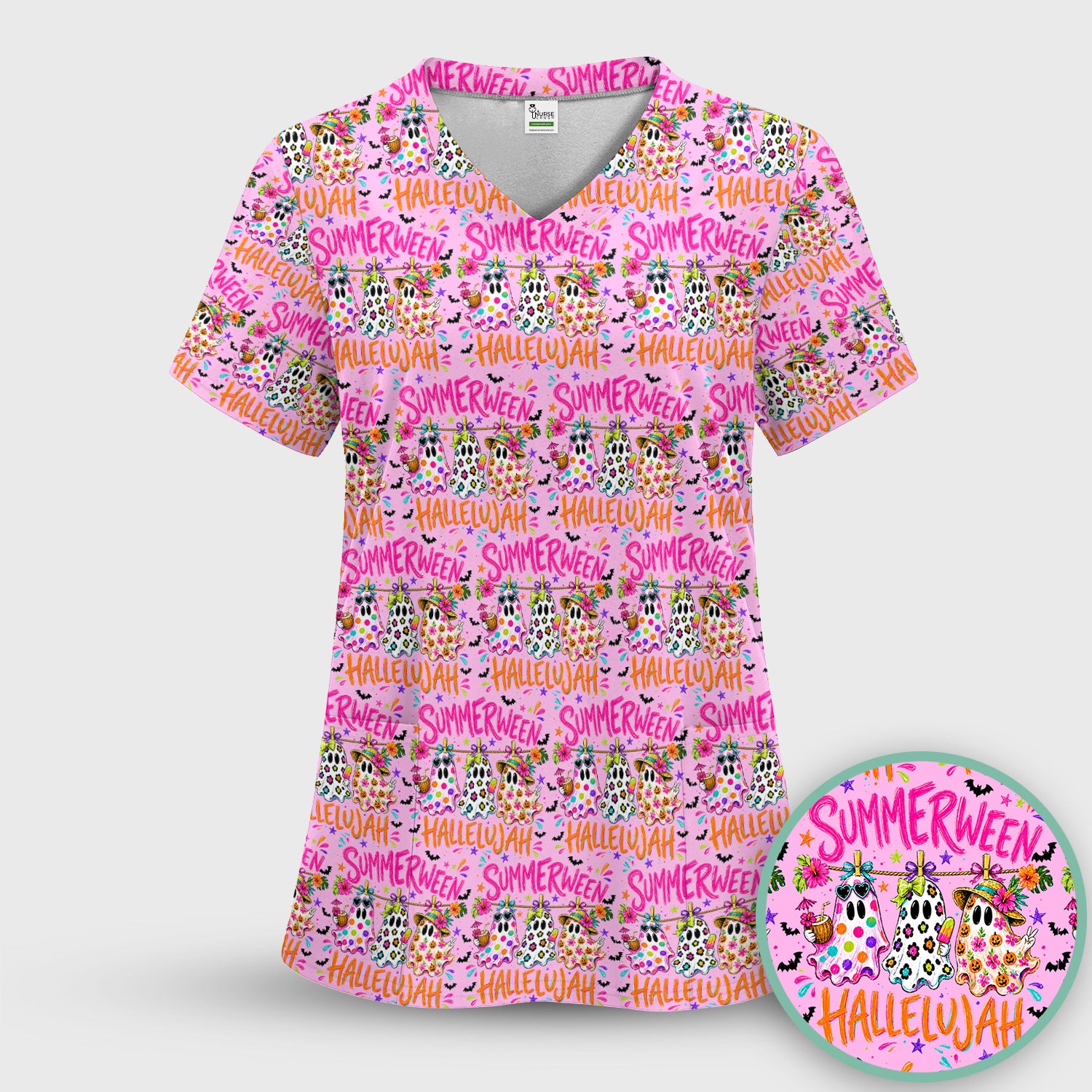 Summer Halloween Ghost Pattern Scrub Set, Scrub Pants and V Neck Top