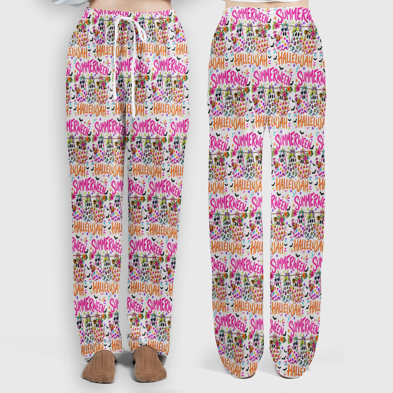 Summer Halloween Ghost Pattern Scrub Set, Scrub Pants and V Neck Top