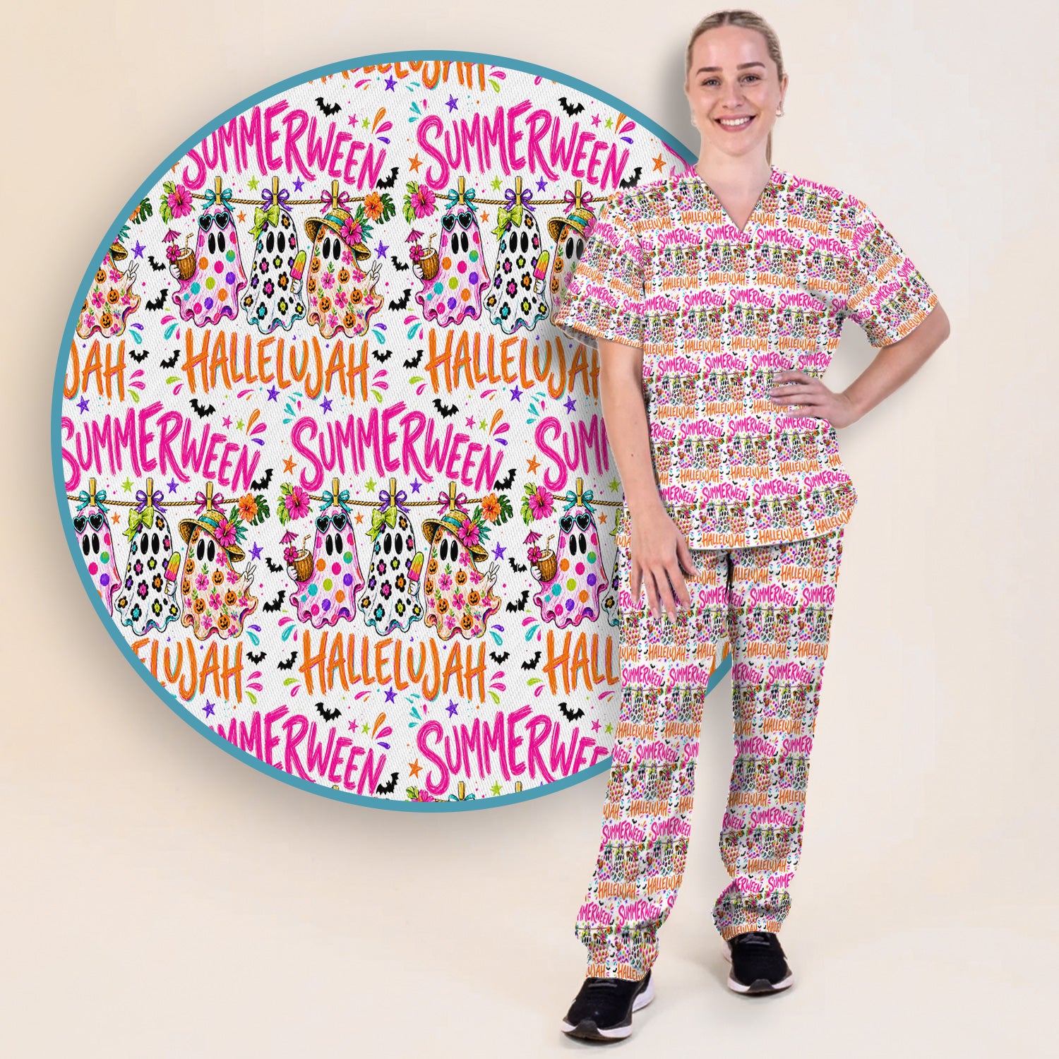 Summer Halloween Ghost Pattern Scrub Set, Scrub Pants and V Neck Top