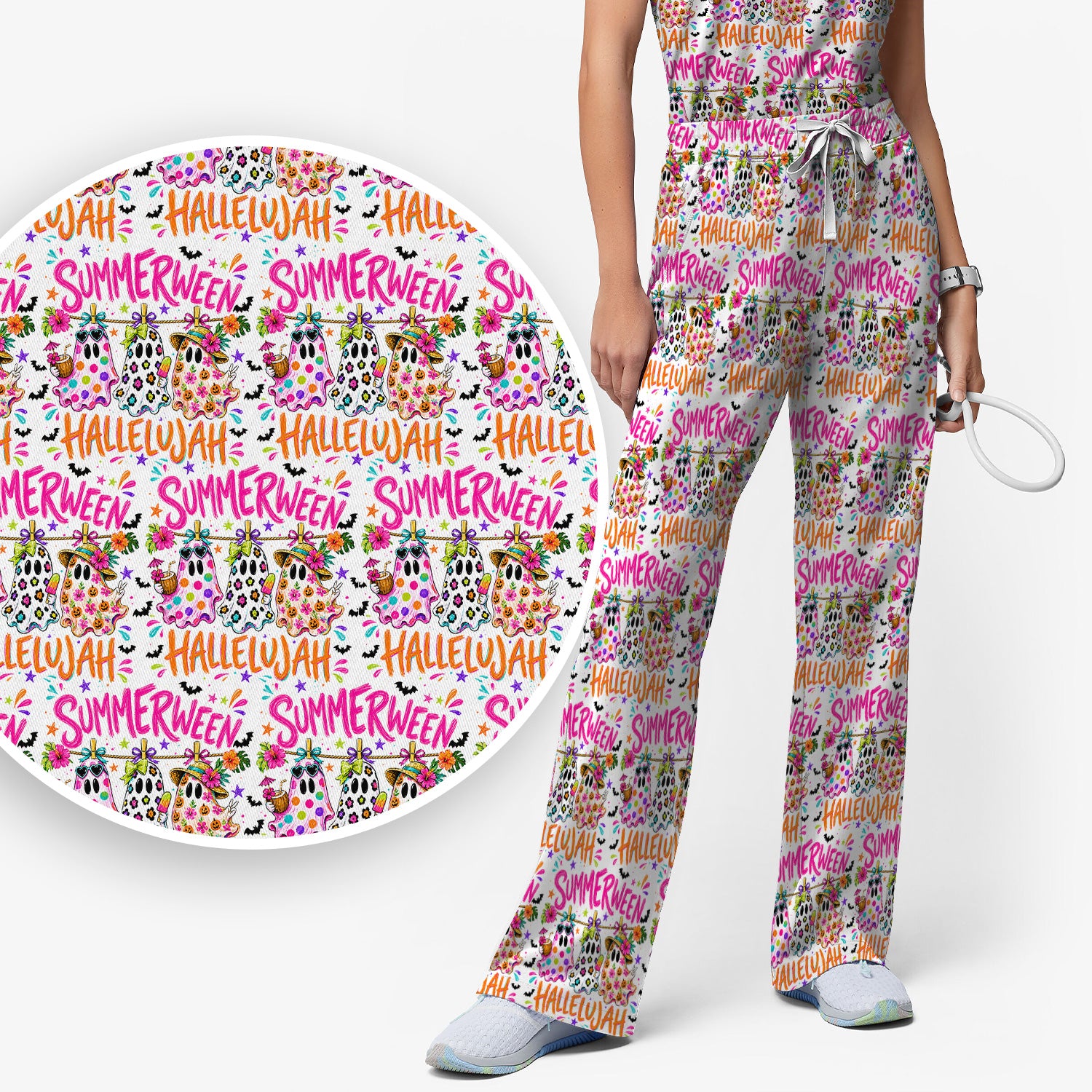 Summer Halloween Ghost Pattern Scrub Set, Scrub Pants and V Neck Top