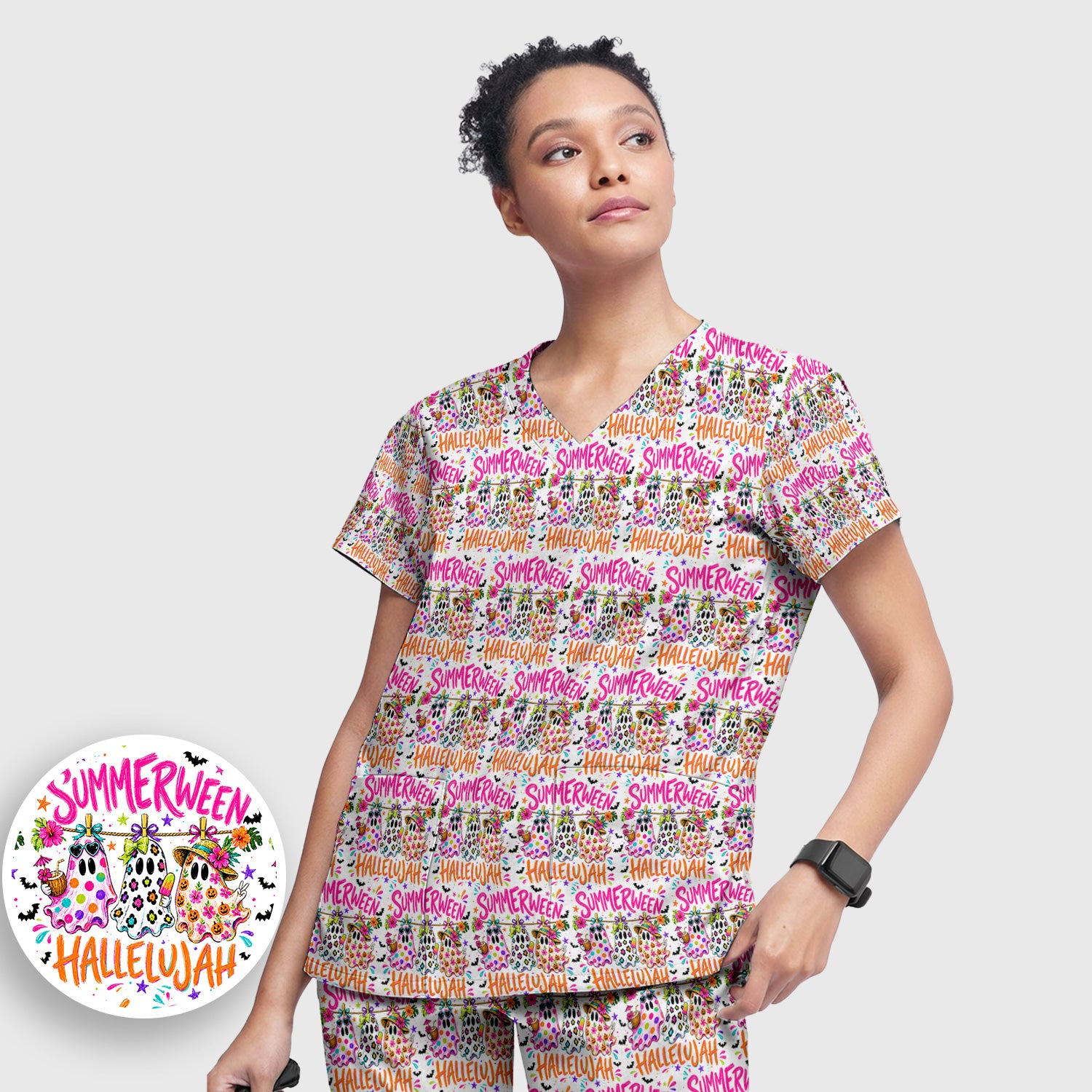 Summer Halloween Ghost Pattern Scrub Set, Scrub Pants and V Neck Top