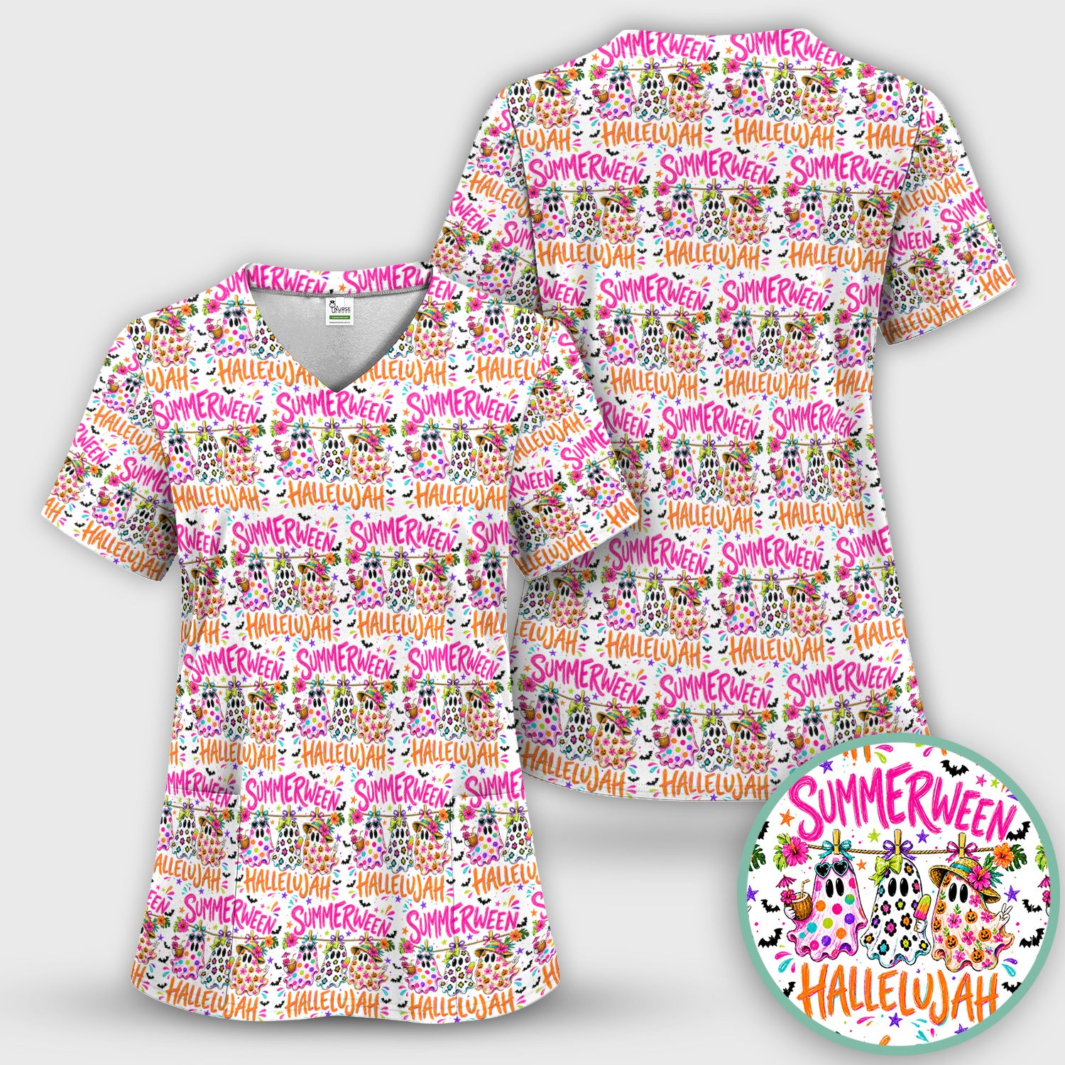 Summer Halloween Ghost Pattern Scrub Set, Scrub Pants and V Neck Top