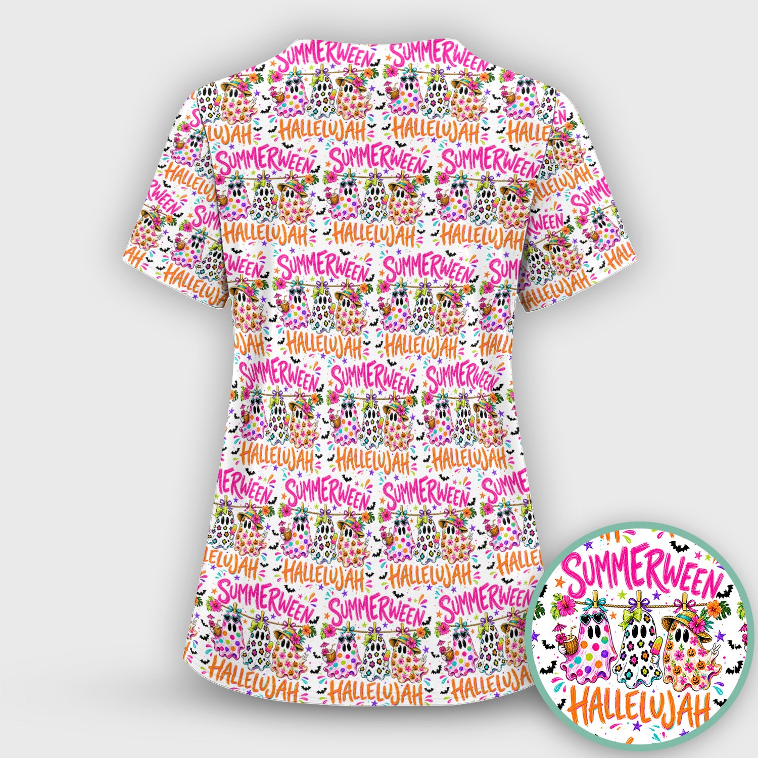 Summer Halloween Ghost Pattern Scrub Set, Scrub Pants and V Neck Top