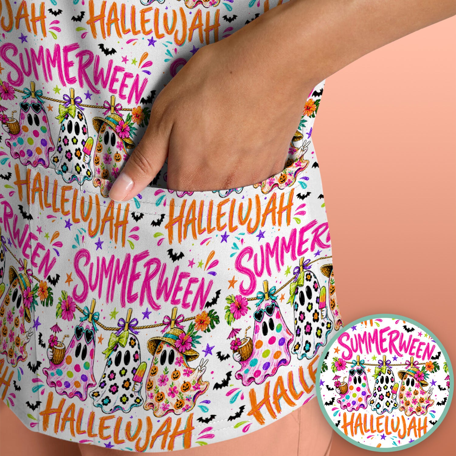 Summer Halloween Ghost Pattern Scrub Top, Comfortable Scrubs for Nurses
