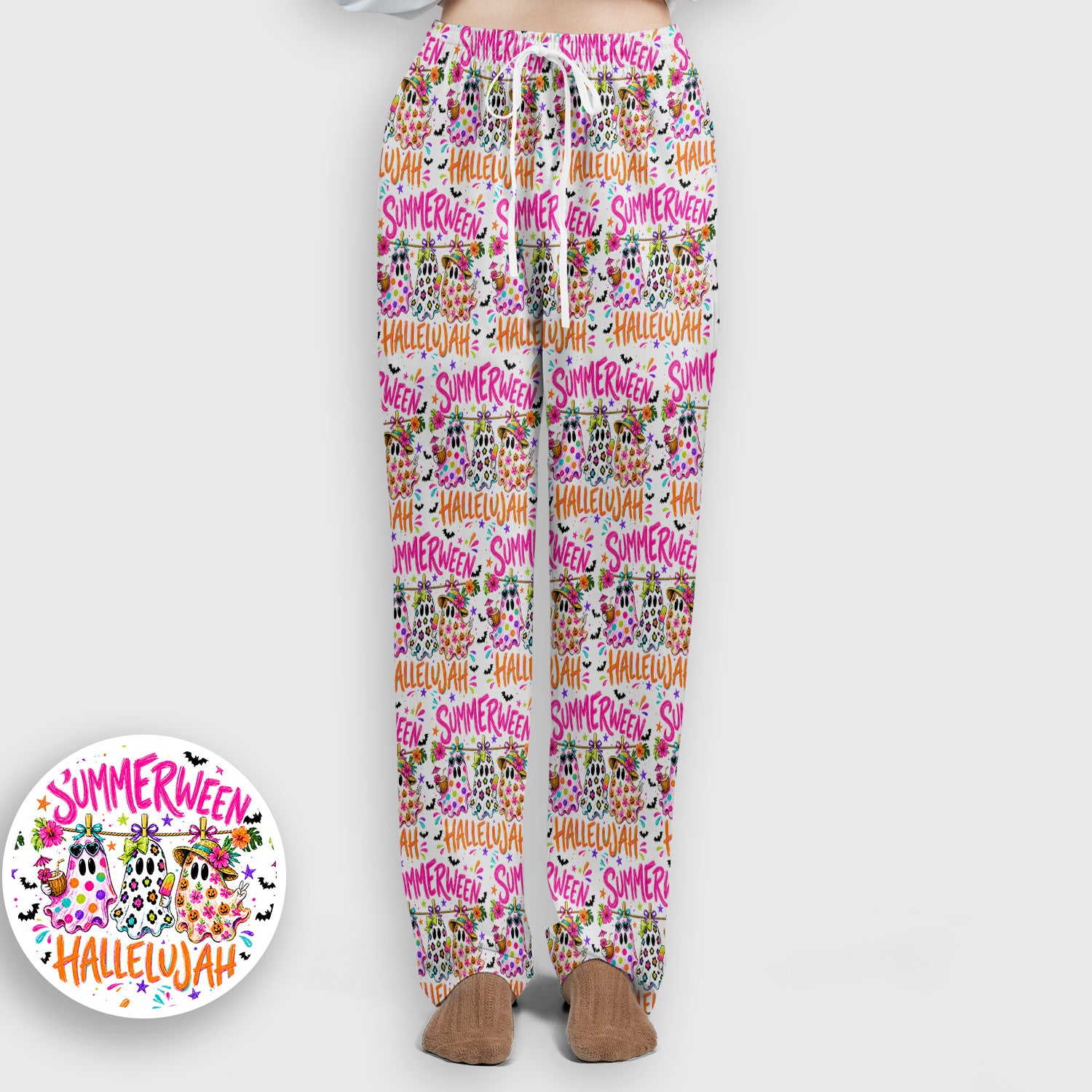 Summer Halloween Ghost Pattern Scrub Set, Scrub Pants and V Neck Top