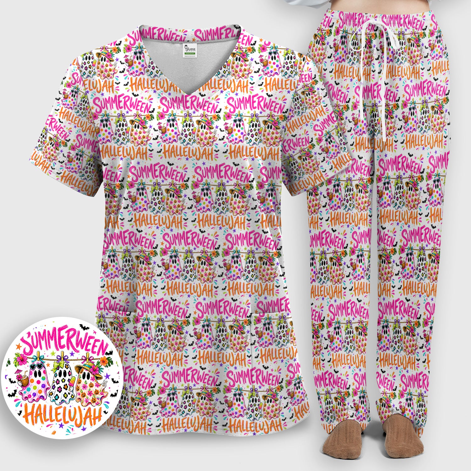Summer Halloween Ghost Pattern Scrub Set, Scrub Pants and V Neck Top