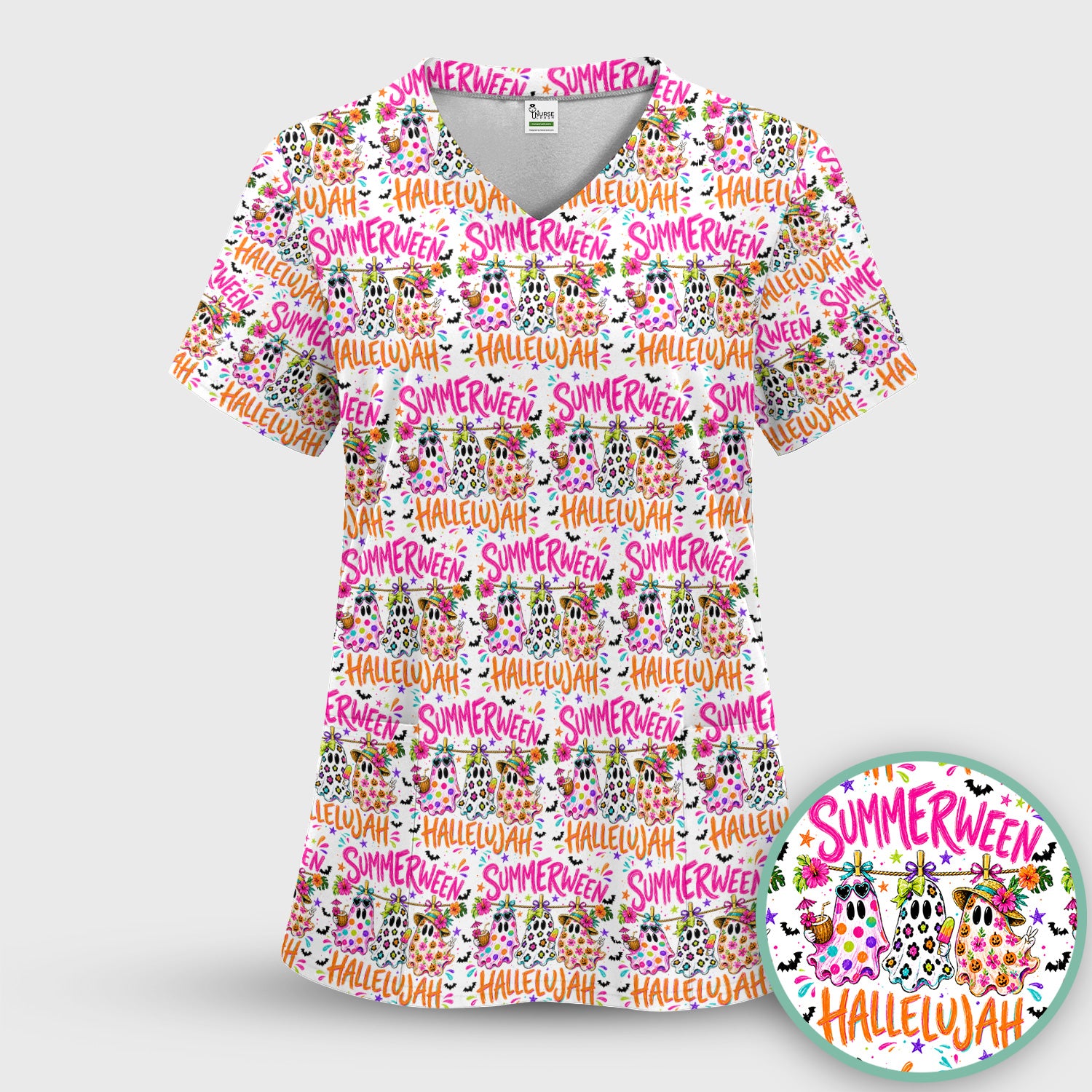 Summer Halloween Ghost Pattern Scrub Set, Scrub Pants and V Neck Top