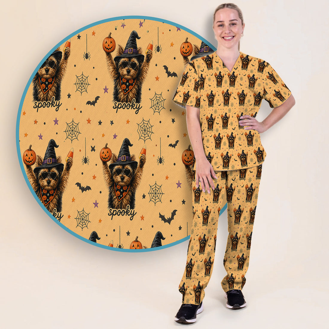 Spooky Halloween Yorkie Pattern Scrub Set, Scrub Pants and V Neck Top