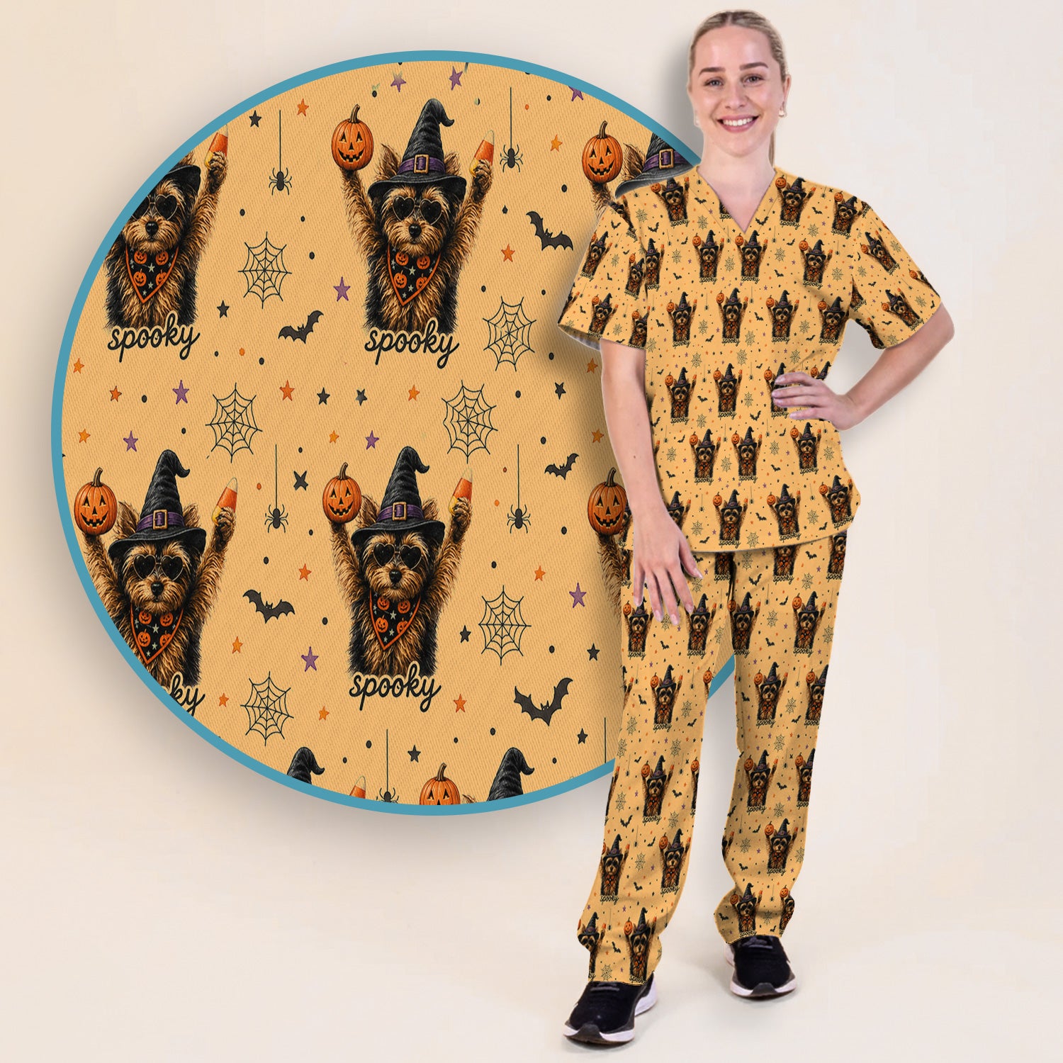 Spooky Halloween Yorkie Pattern Scrub Set, Scrub Pants and V Neck Top
