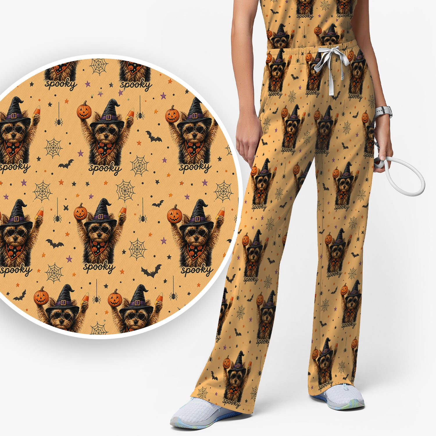 Spooky Halloween Yorkie Pattern Scrub Set, Scrub Pants and V Neck Top