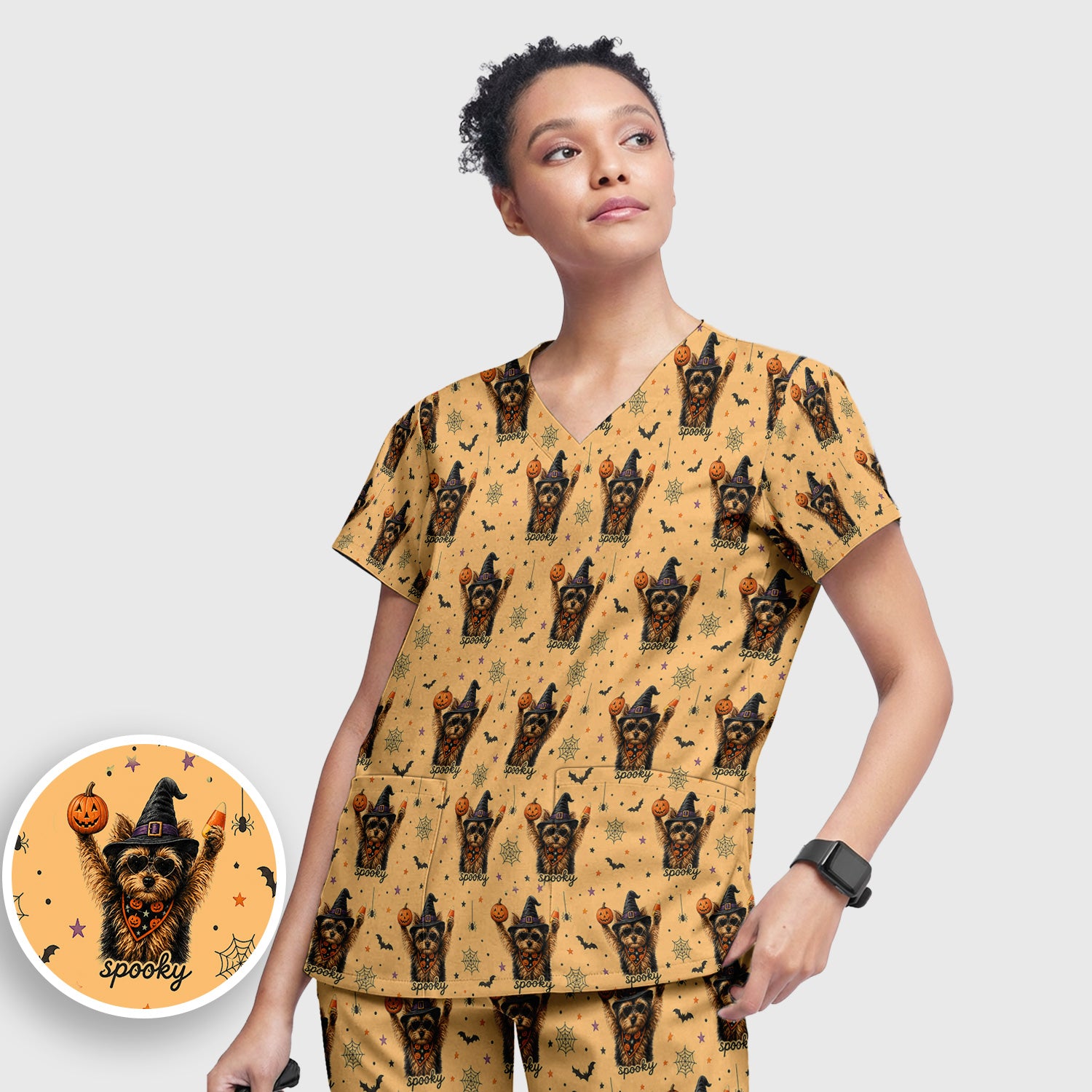 Spooky Halloween Yorkie Pattern Scrub Set, Scrub Pants and V Neck Top