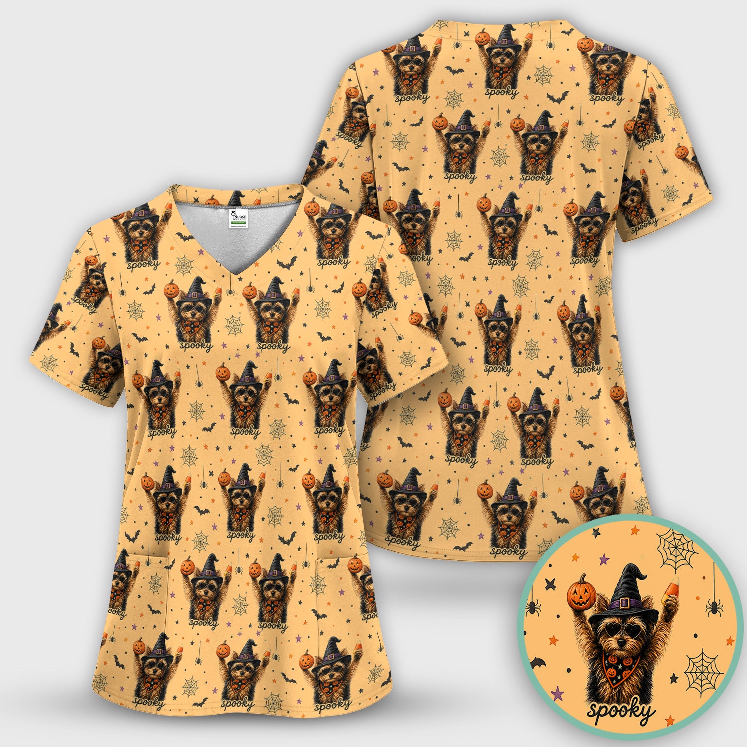 Spooky Halloween Yorkie Pattern Scrub Set, Scrub Pants and V Neck Top
