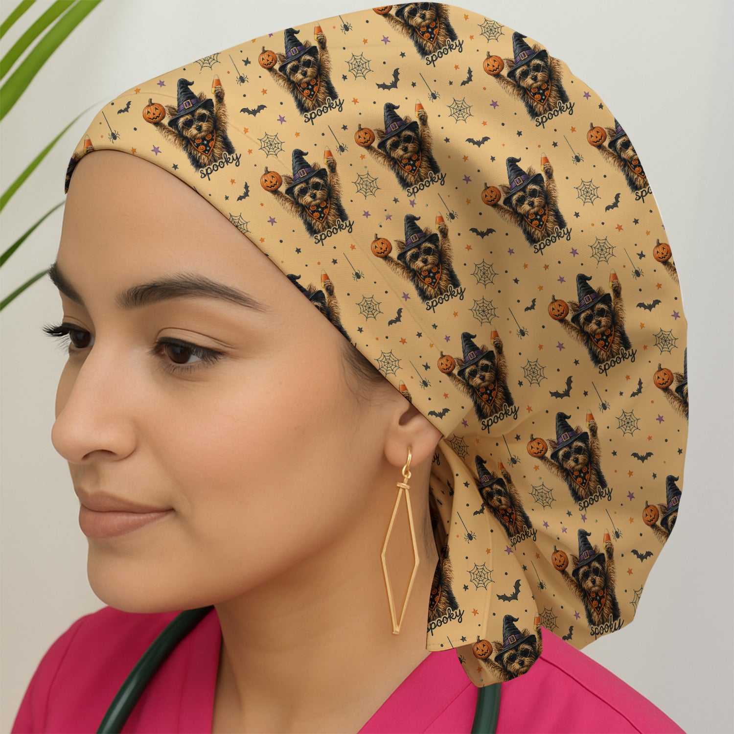 Spooky Halloween Yorkie Pattern Scrub Cap, Surgical Caps for Doctors