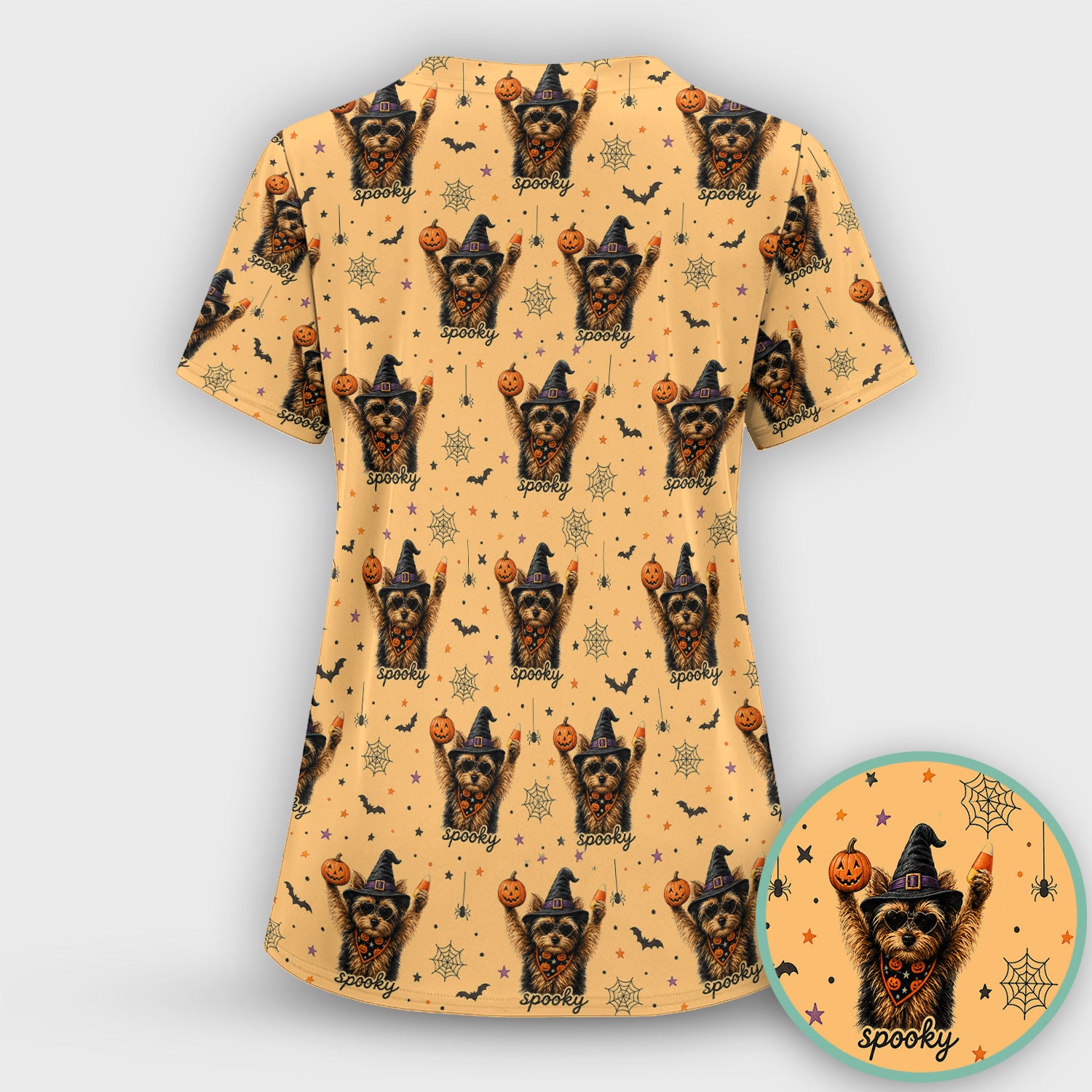 Spooky Halloween Yorkie Pattern Scrub Set, Scrub Pants and V Neck Top