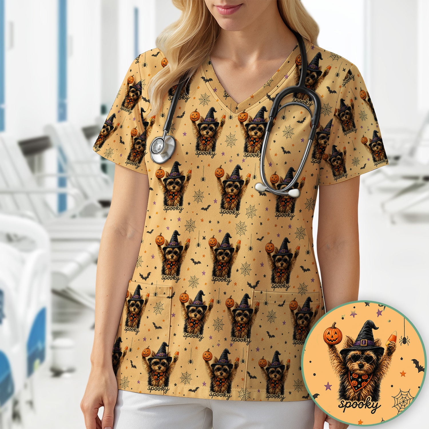 Spooky Halloween Yorkie Pattern Scrub Top, Comfortable Scrubs for Nurses