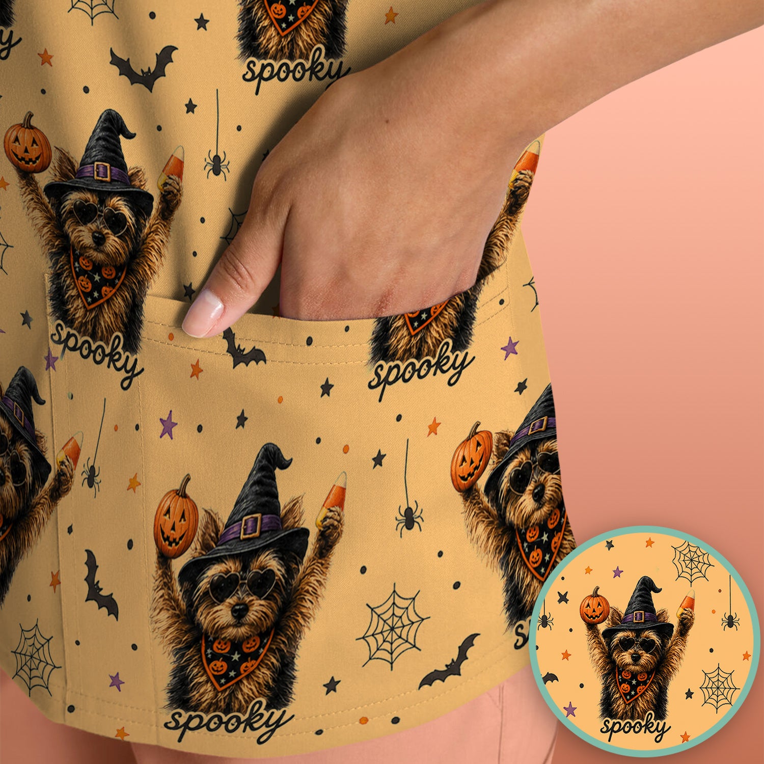Spooky Halloween Yorkie Pattern Scrub Top, Comfortable Scrubs for Nurses