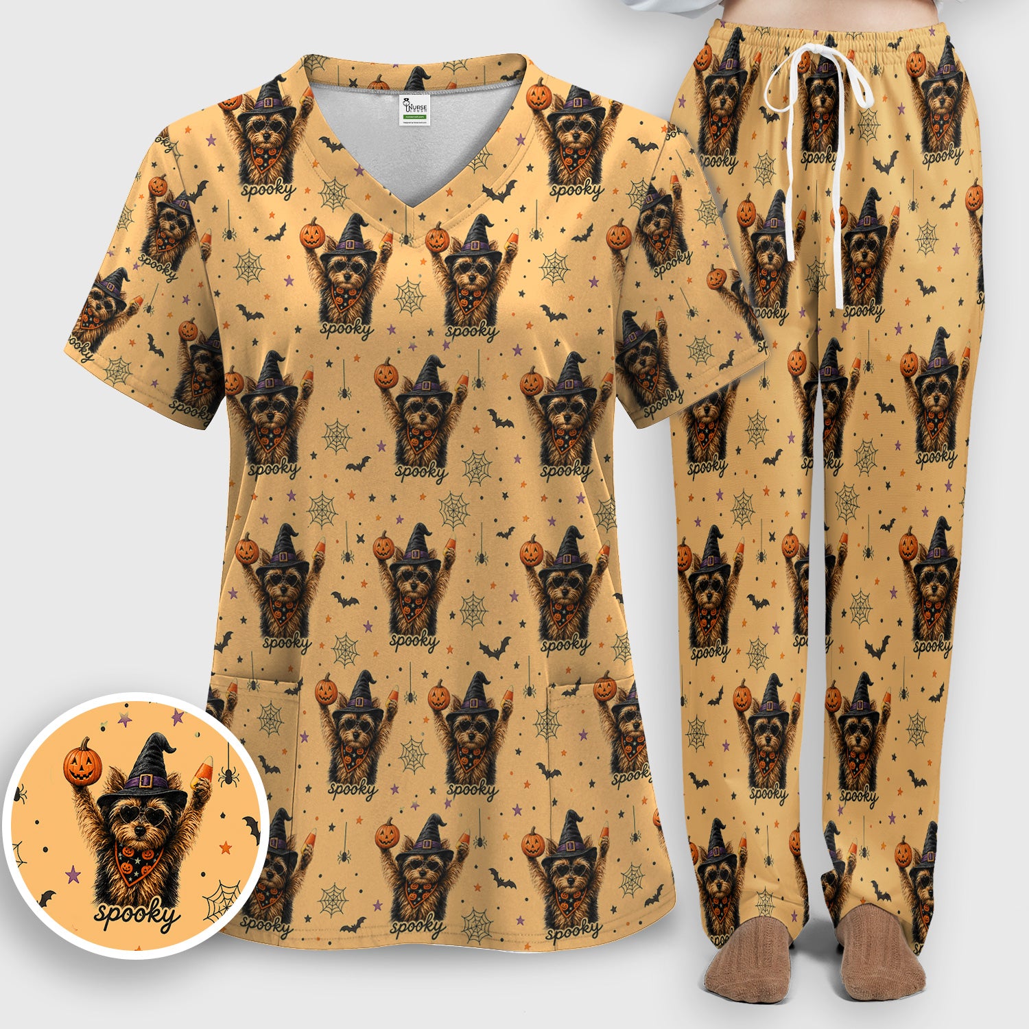 Spooky Halloween Yorkie Pattern Scrub Set, Scrub Pants and V Neck Top