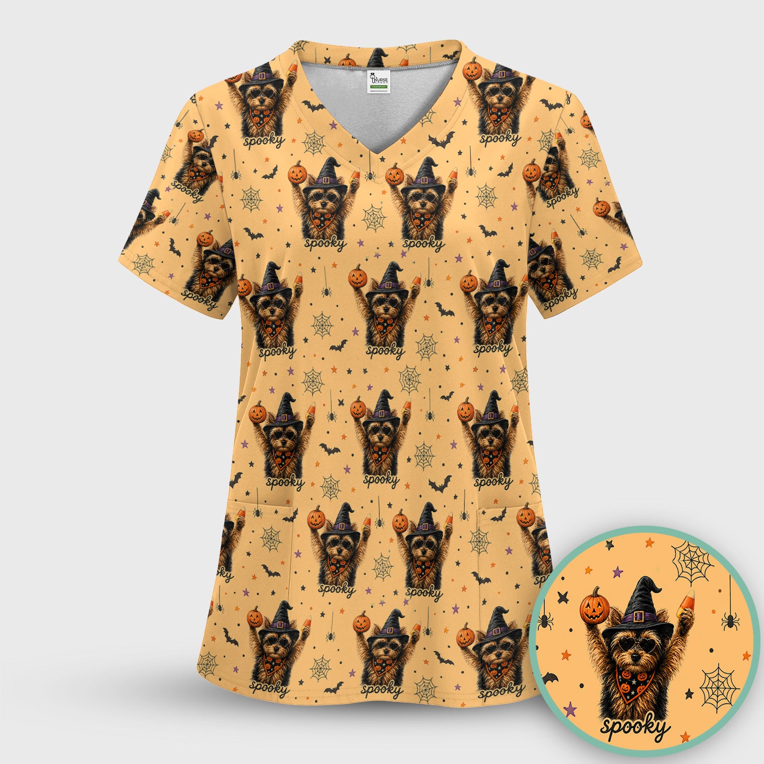 Spooky Halloween Yorkie Pattern Scrub Set, Scrub Pants and V Neck Top