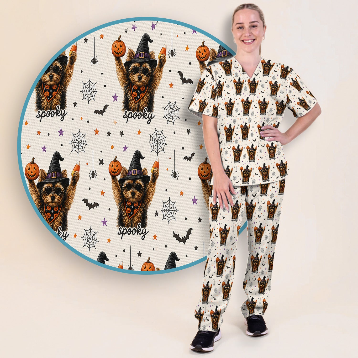 Spooky Halloween Yorkie Pattern Scrub Set, Scrub Pants and V Neck Top