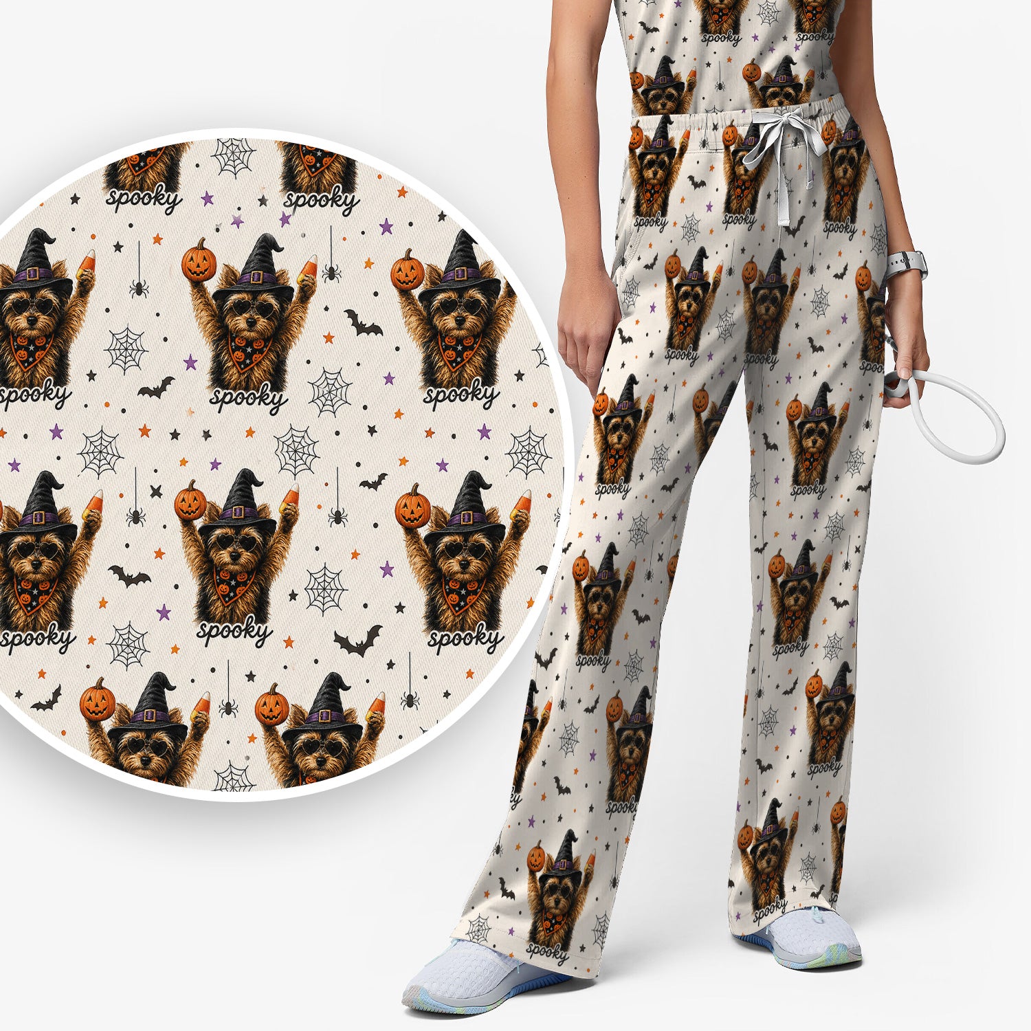 Spooky Halloween Yorkie Pattern Scrub Set, Scrub Pants and V Neck Top
