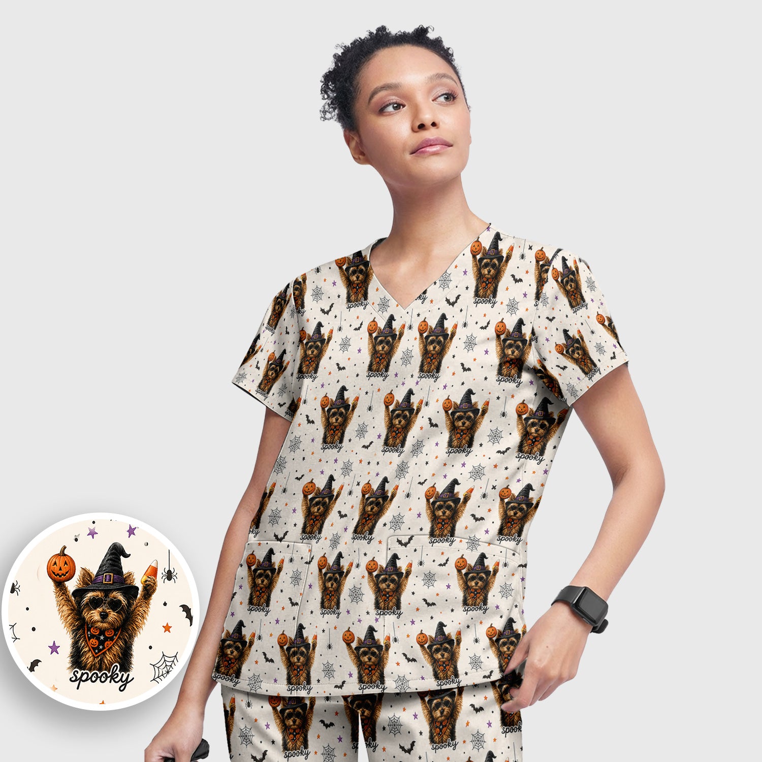 Spooky Halloween Yorkie Pattern Scrub Set, Scrub Pants and V Neck Top