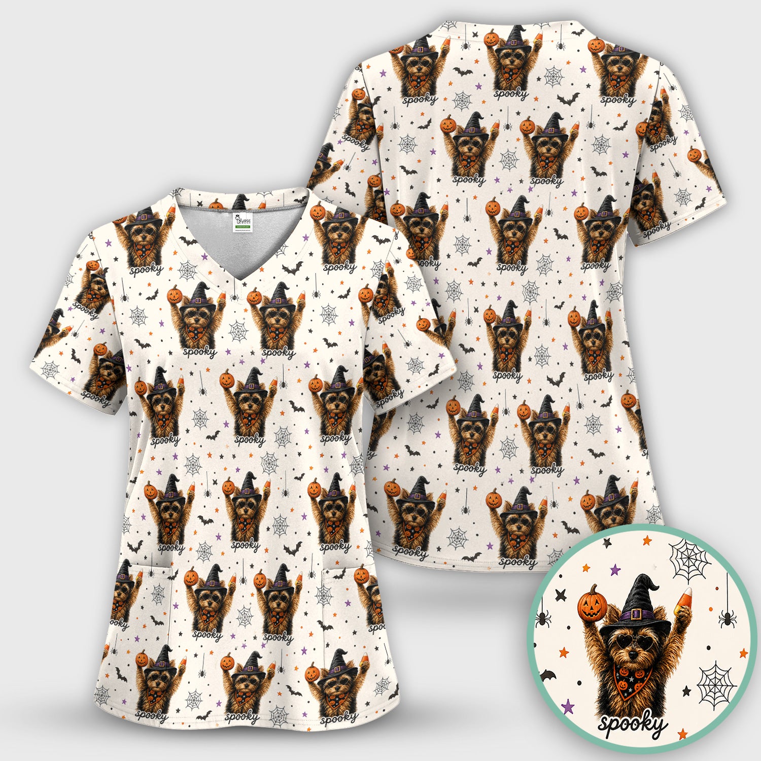 Spooky Halloween Yorkie Pattern Scrub Set, Scrub Pants and V Neck Top